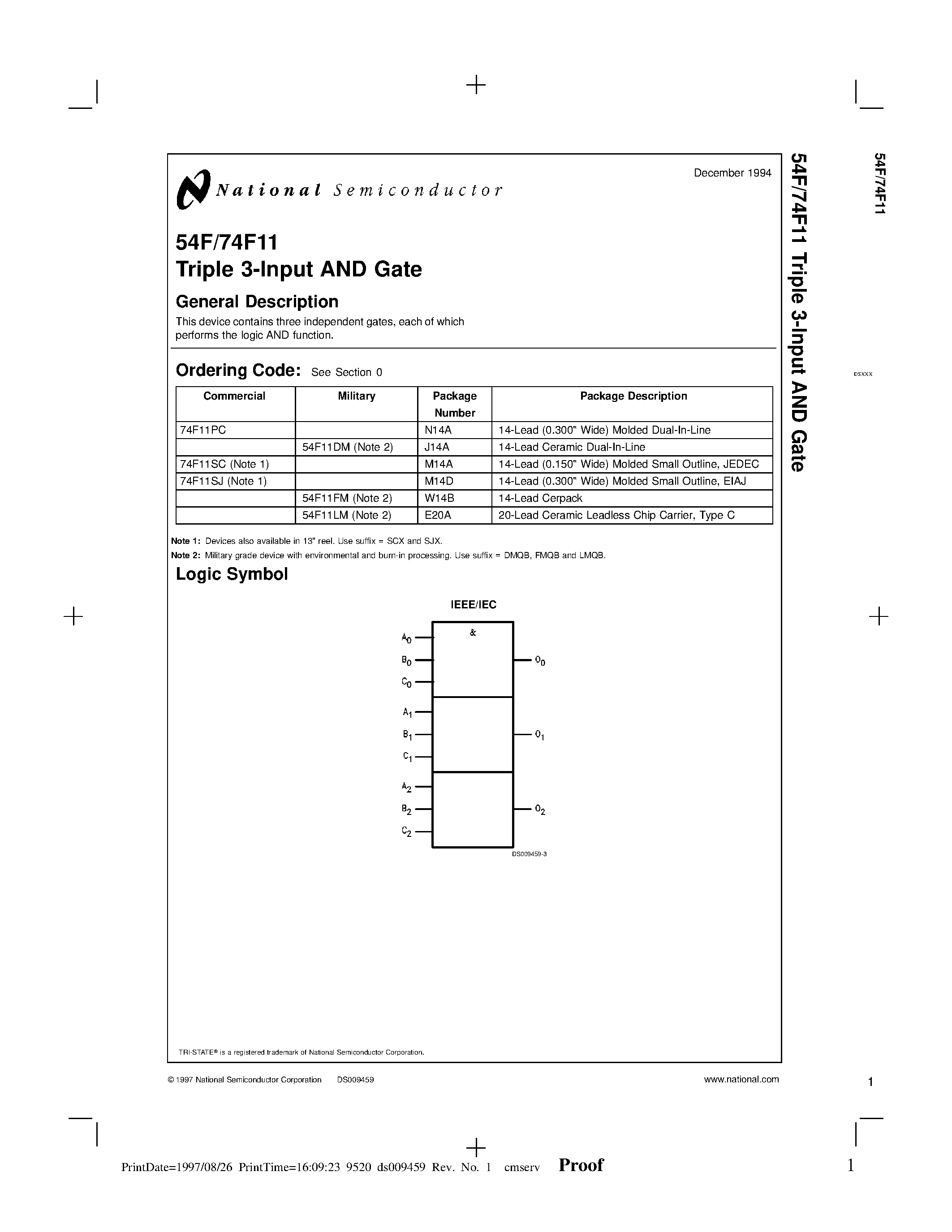 Datasheet 74F11SJ page 1 Datasheet 74F11SJ - Triple 3-Input AND Gate page 1