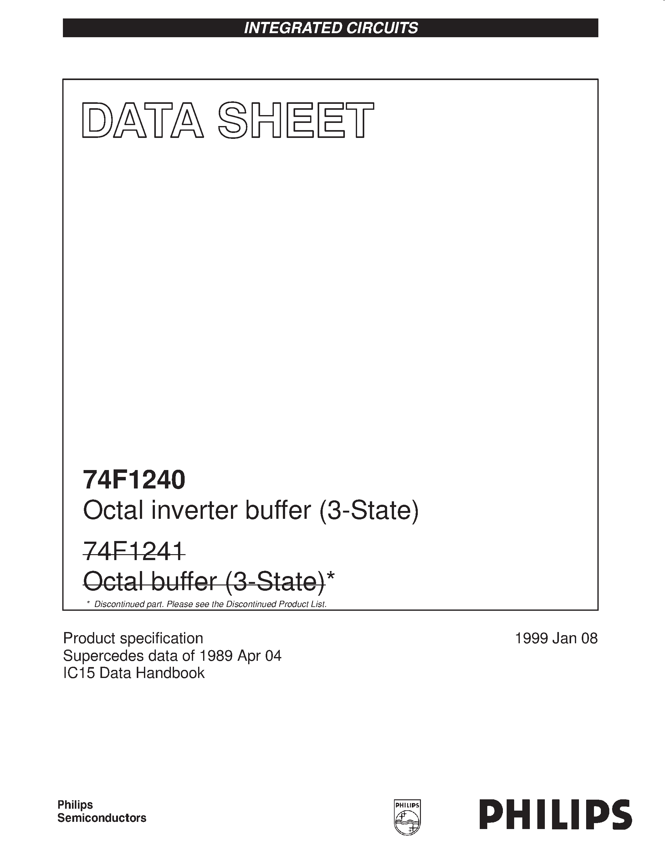 Datasheet 74F1240 page 1 Datasheet 74F1240 - Octal inverter buffer 3-State page 1
