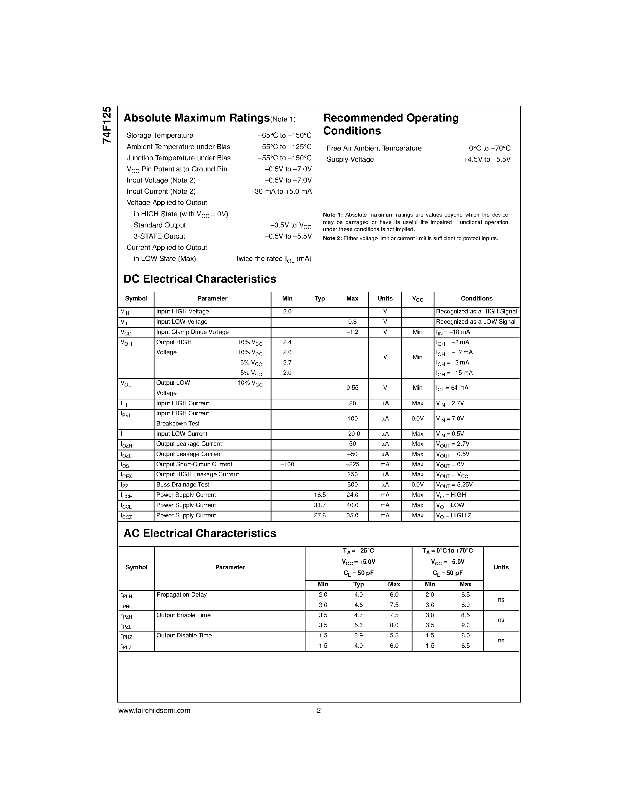 Datasheet 74F125PC page 2 Datasheet 74F125PC - Quad Buffer (3-STATE) page 2