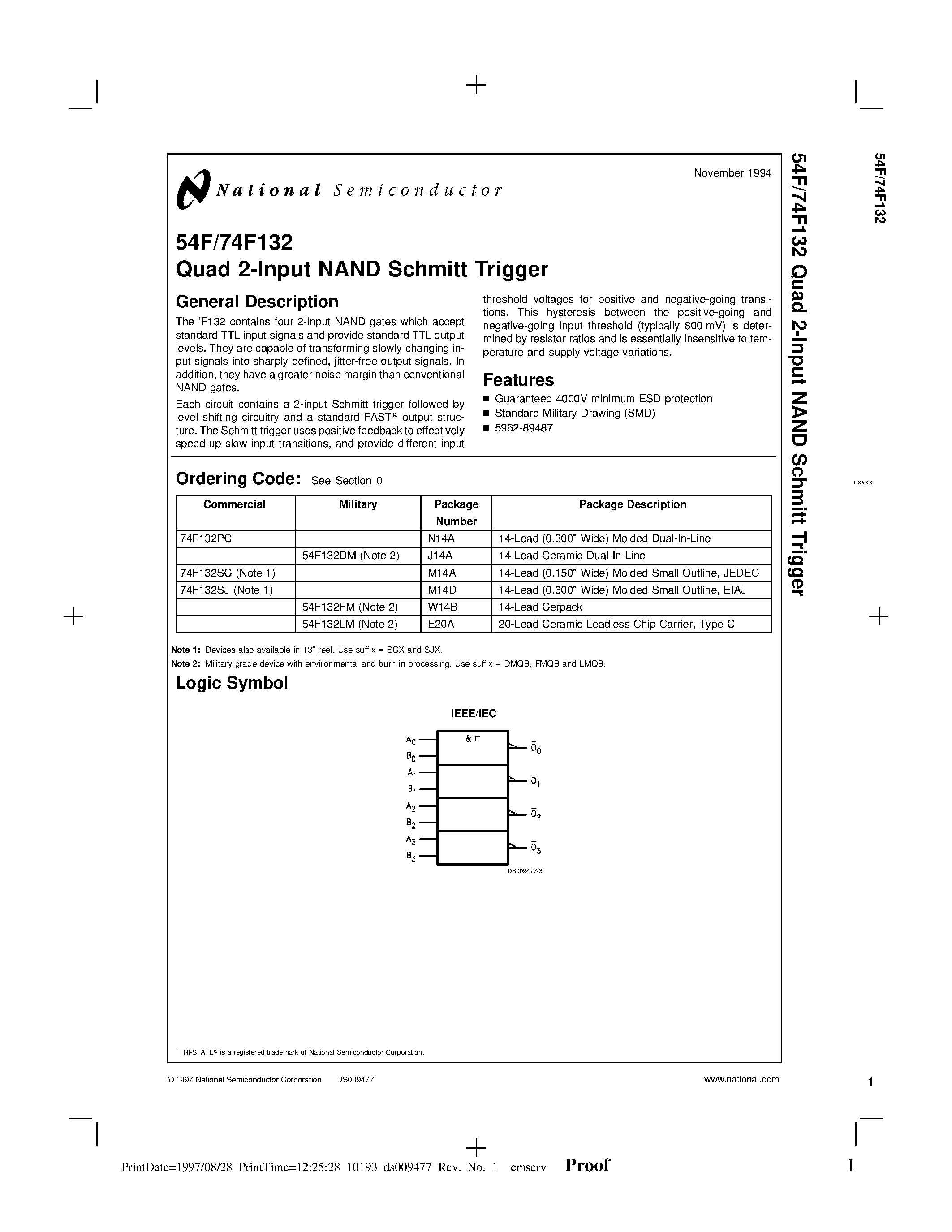 Datasheet 74F132PC page 1 Datasheet 74F132PC - Quad 2-Input NAND Schmitt Trigger page 1