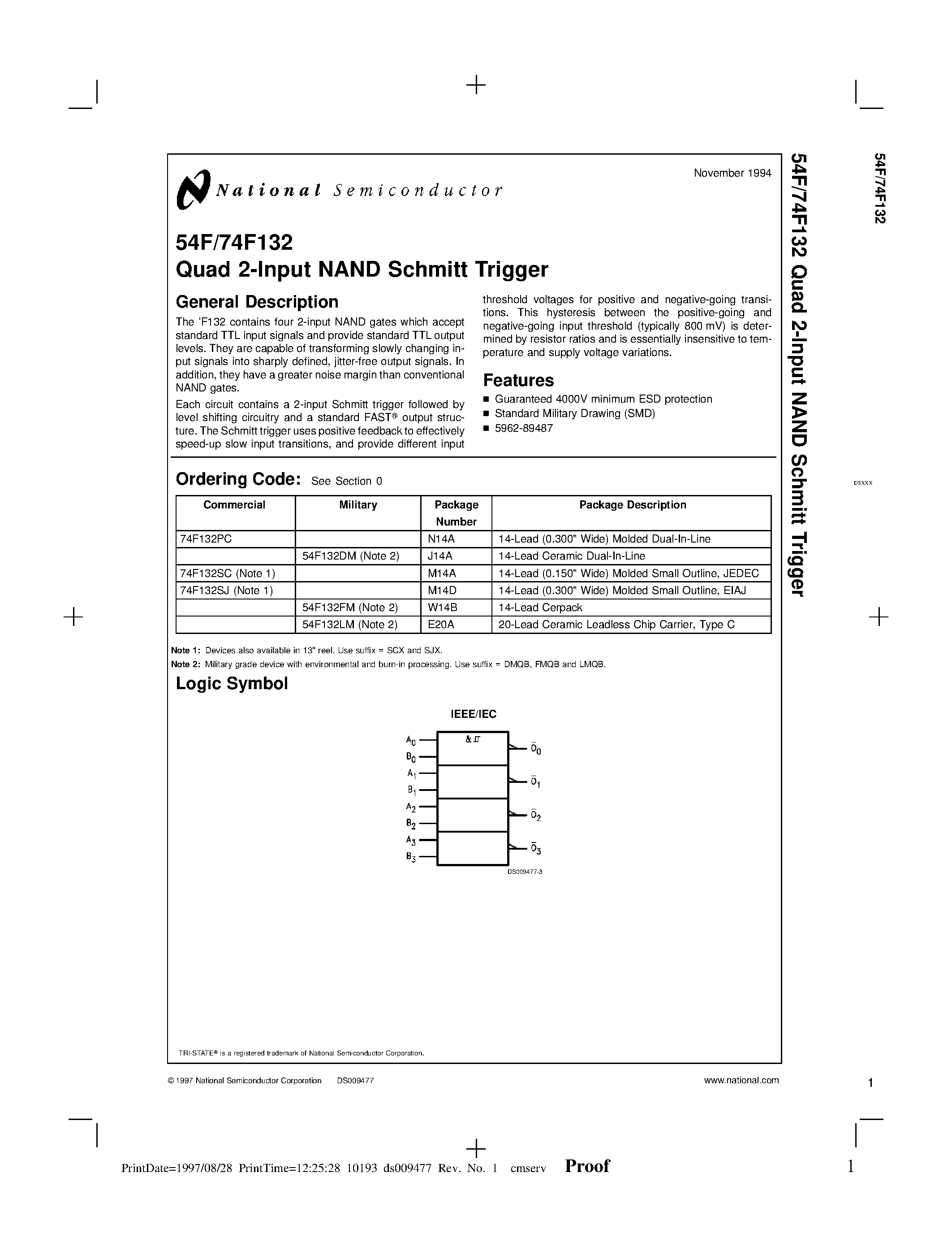 Даташит 74F132PC - Quad 2-Input NAND Schmitt Trigger страница 1