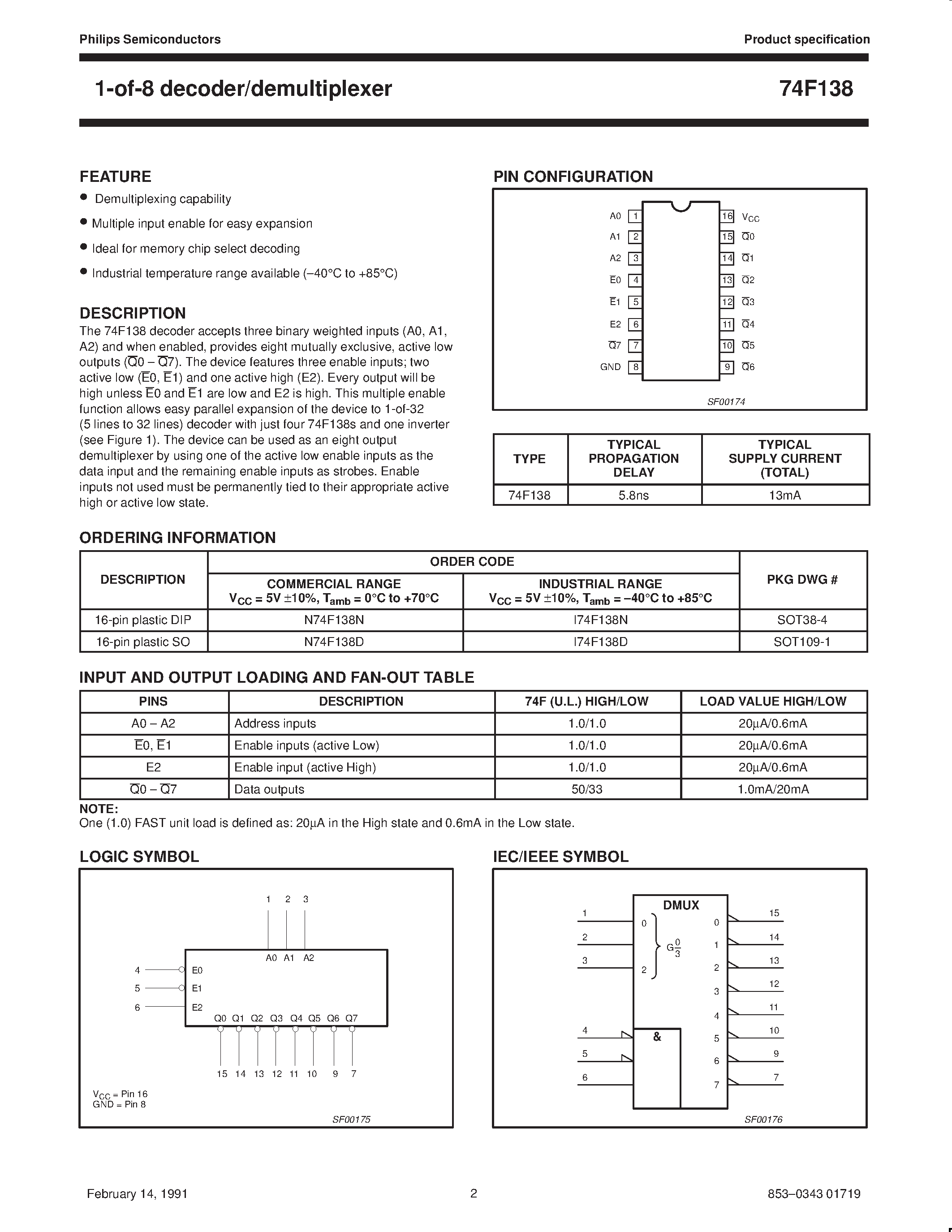 Datasheet 74F138 page 2 Datasheet 74F138 - 1-of-8 decoder/demultiplexer page 2
