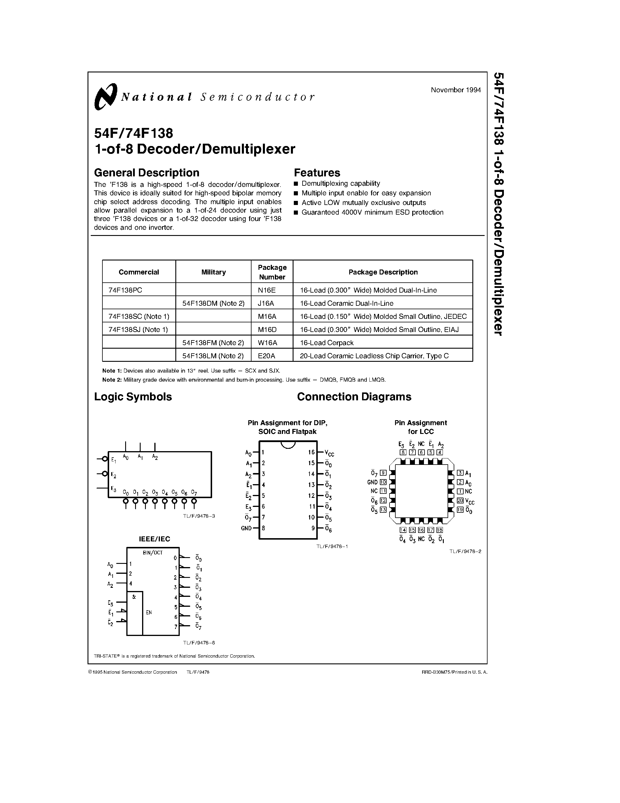 Datasheet 74F138SC page 1 Datasheet 74F138SC - 1-of-8 Decoder/Demultiplexer page 1