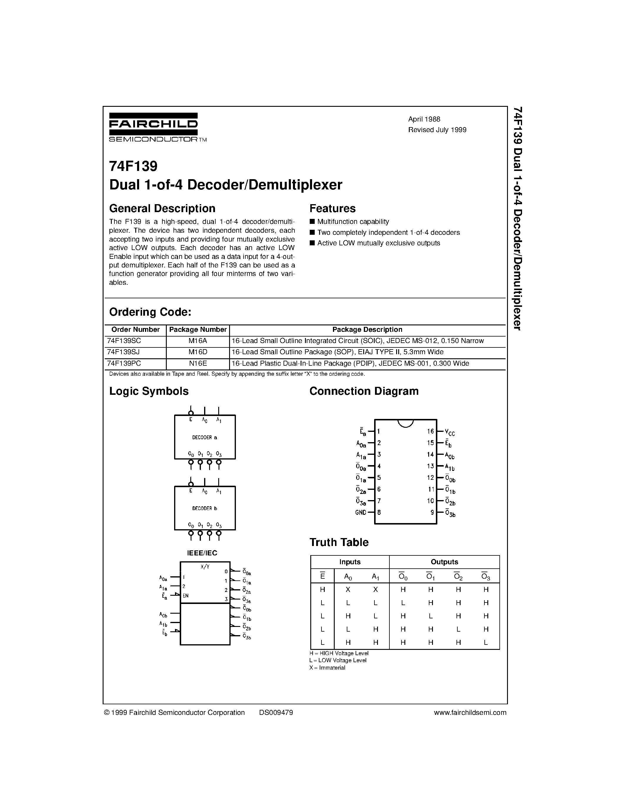 Datasheet 74F139SC page 1 Datasheet 74F139SC - Dual 1-of-4 Decoder/Demultiplexer page 1