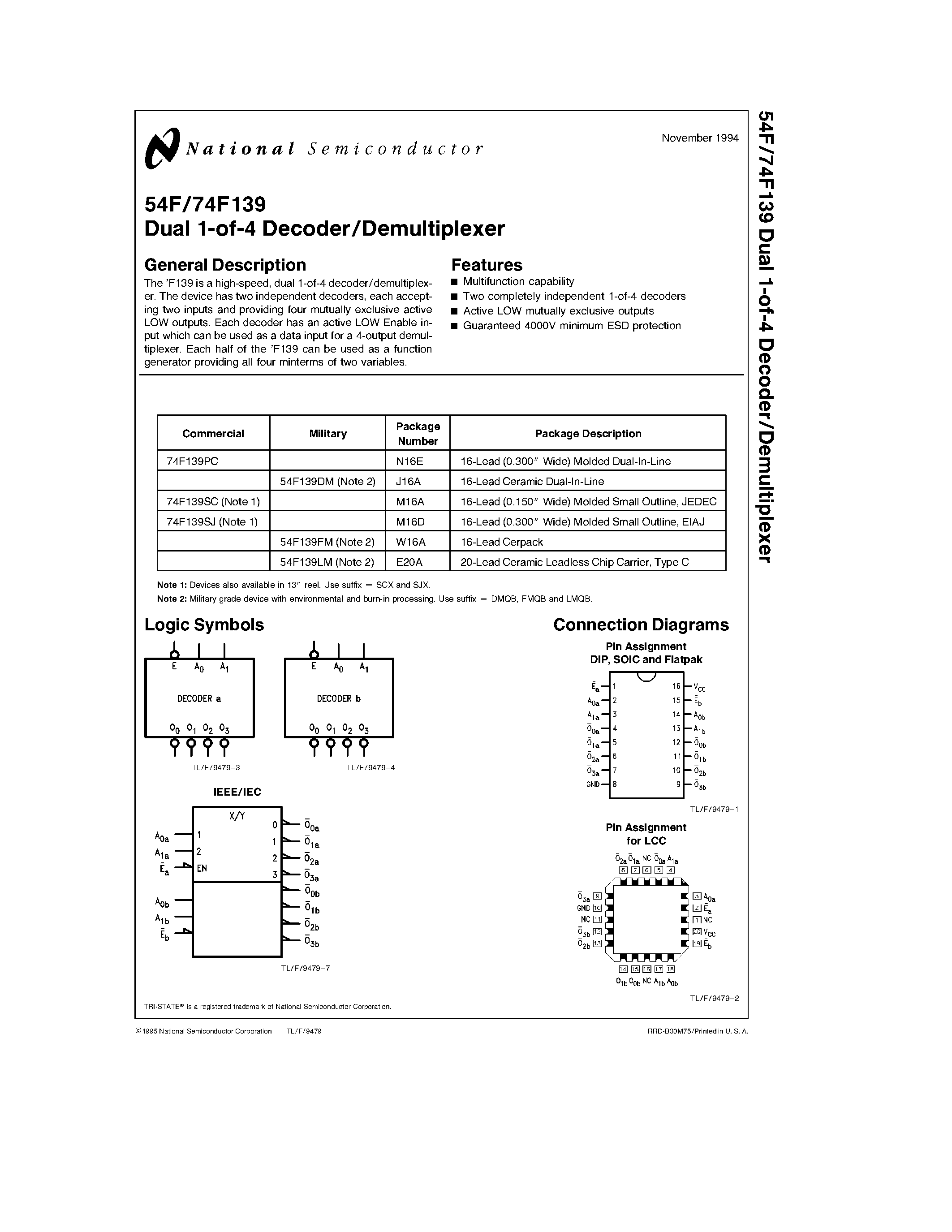 Datasheet 74F139SJ page 1 Datasheet 74F139SJ - Dual 1-of-4 Decoder/Demultiplexer page 1