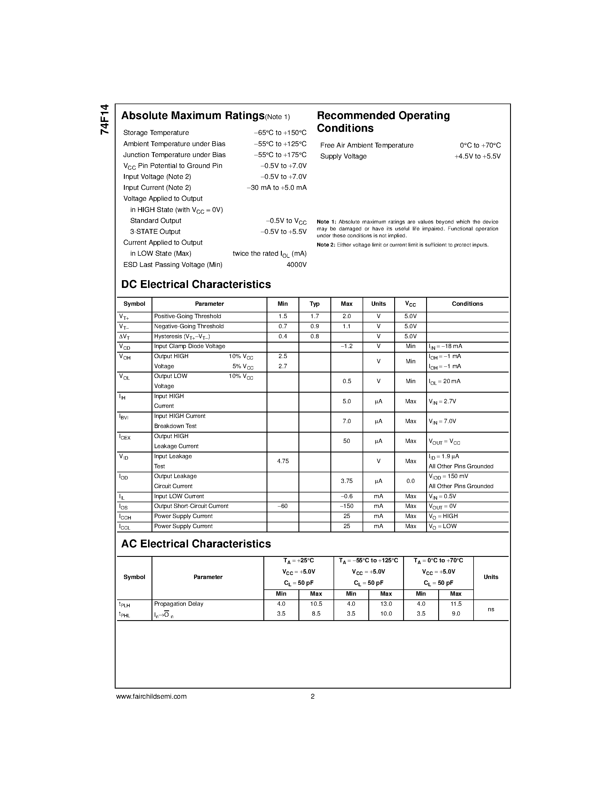 Datasheet 74F14PC page 2 Datasheet 74F14PC - Hex Inverter Schmitt Trigger page 2