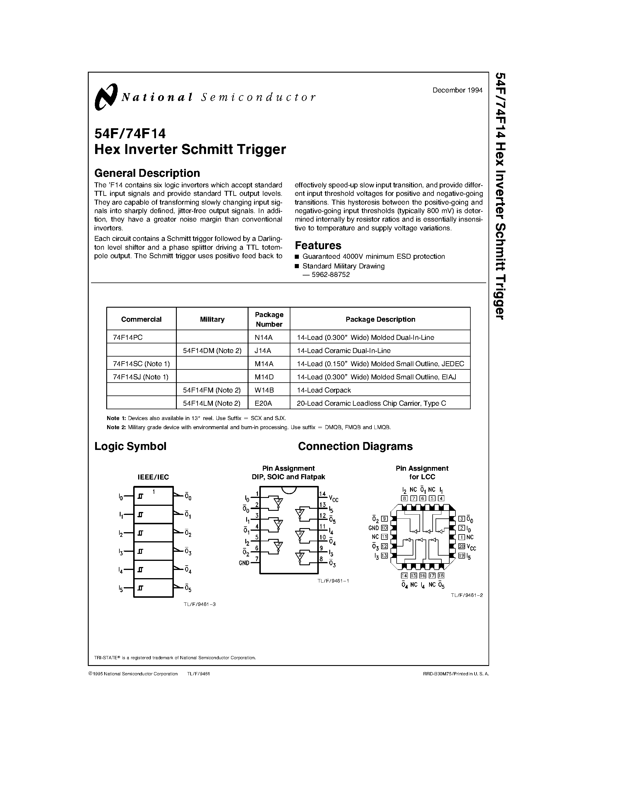 Datasheet 74F14PC page 1 Datasheet 74F14PC - Hex Inverter Schmitt Trigger page 1