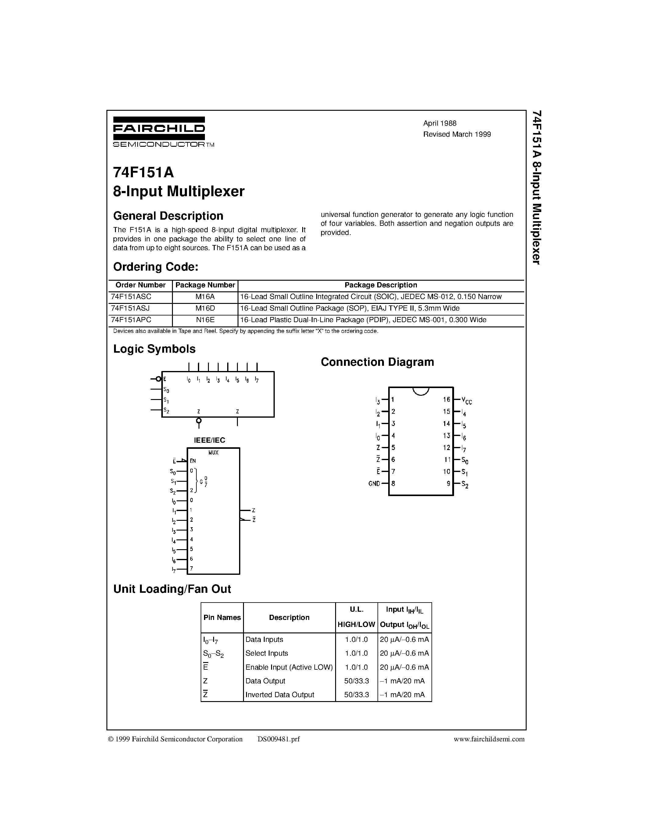 Datasheet 74F151A page 1 Datasheet 74F151A - 8-Input Multiplexer page 1