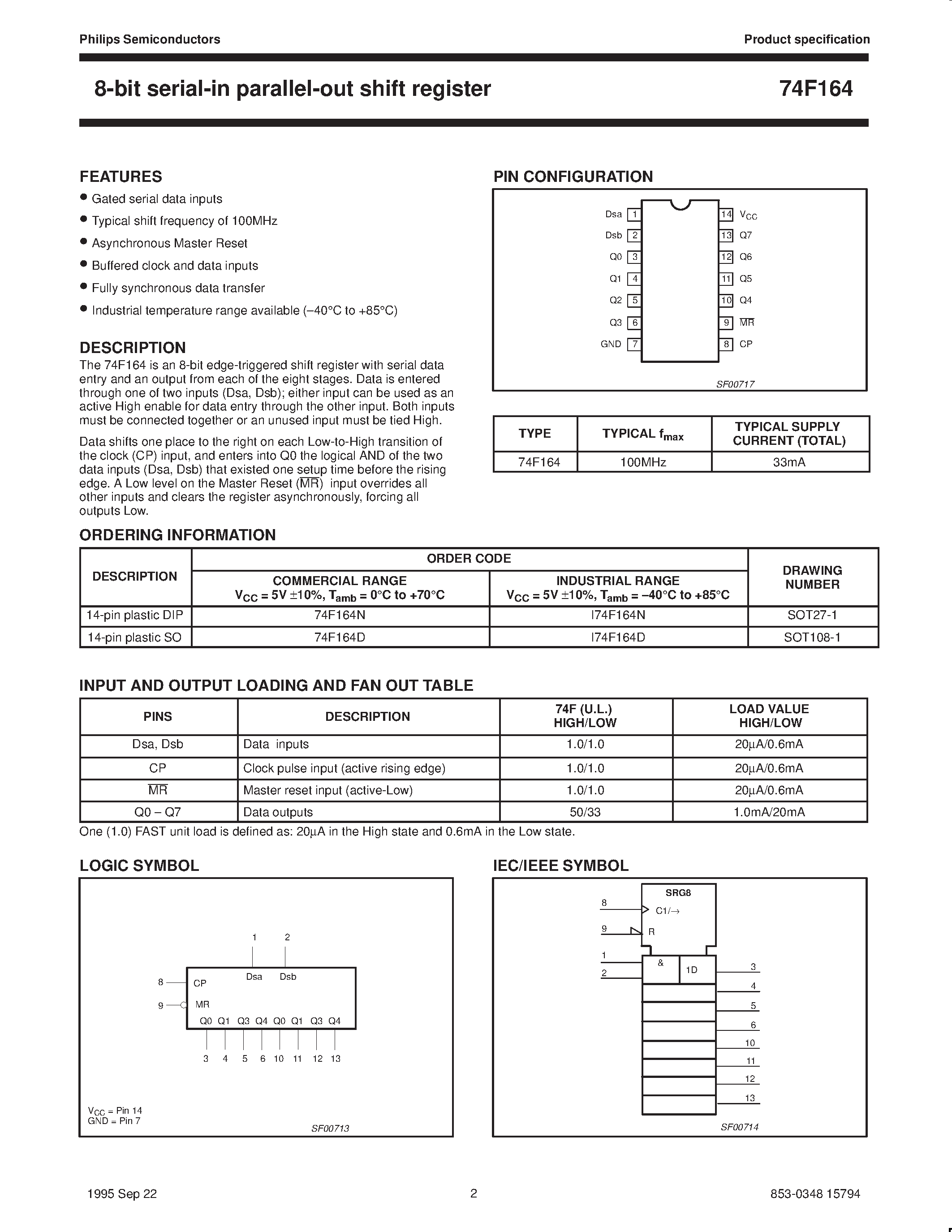 Datasheet 74F164 - 8-bit serial-in parallel-out shift register page 2