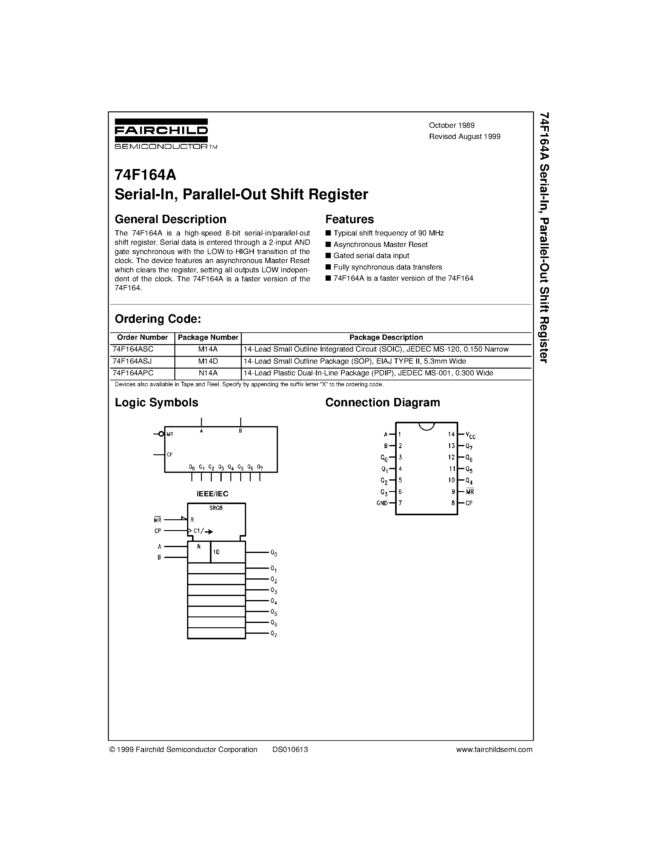Datasheet 74F164A - Serial-In/ Parallel-Out Shift Register page 1