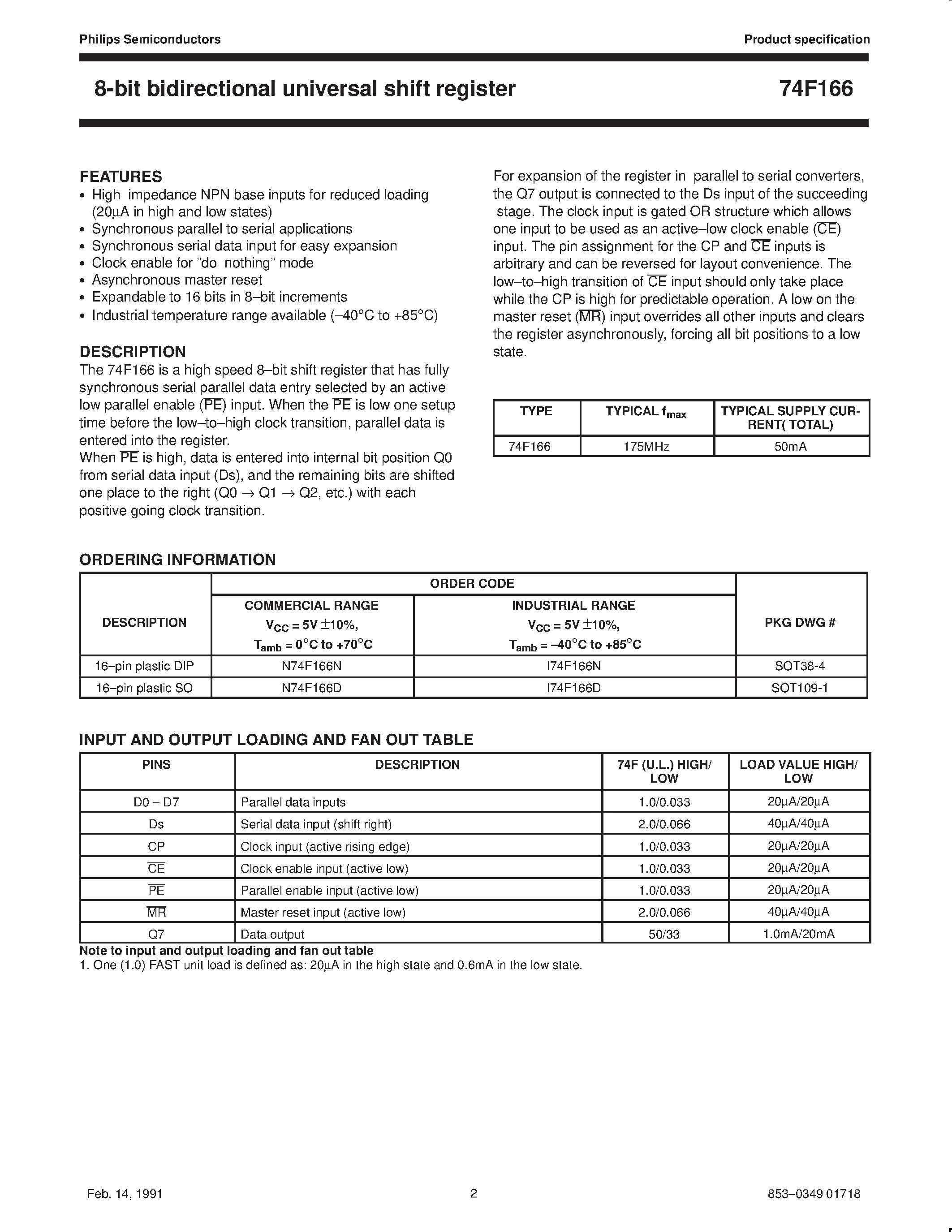 Datasheet 74F166 - 8-bit bidirectional universal shift register page 2