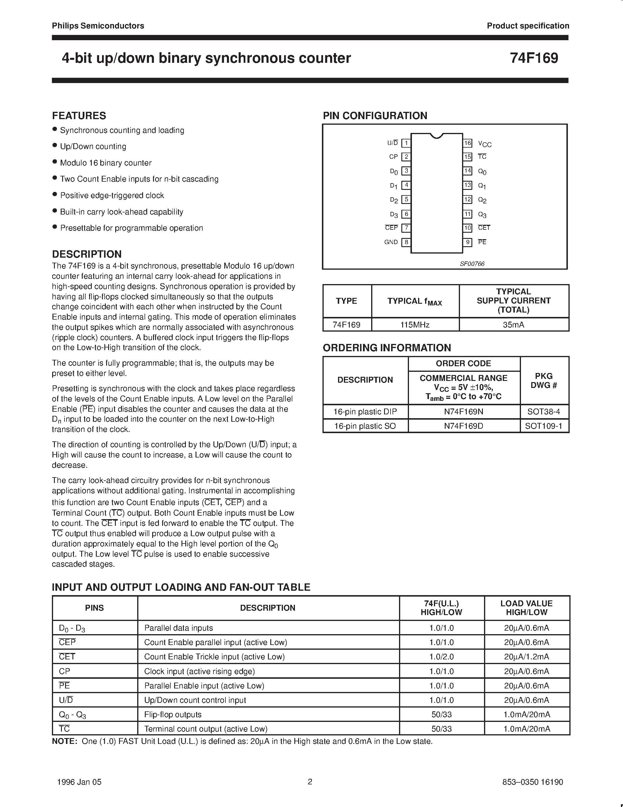 Datasheet 74F169 - 4-bit up/down binary synchronous counter page 2