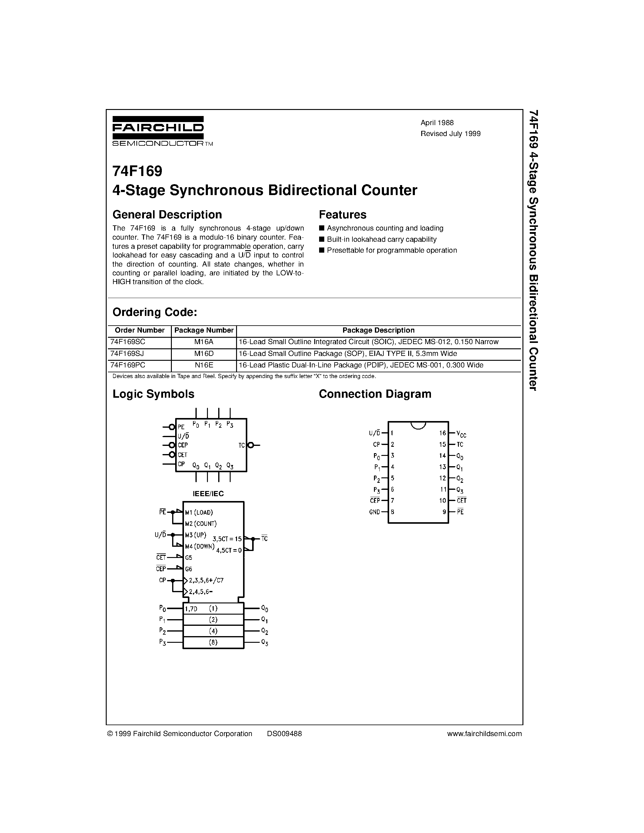 Datasheet 74F169 - 4-Stage Synchronous Bidirectional Counter page 1