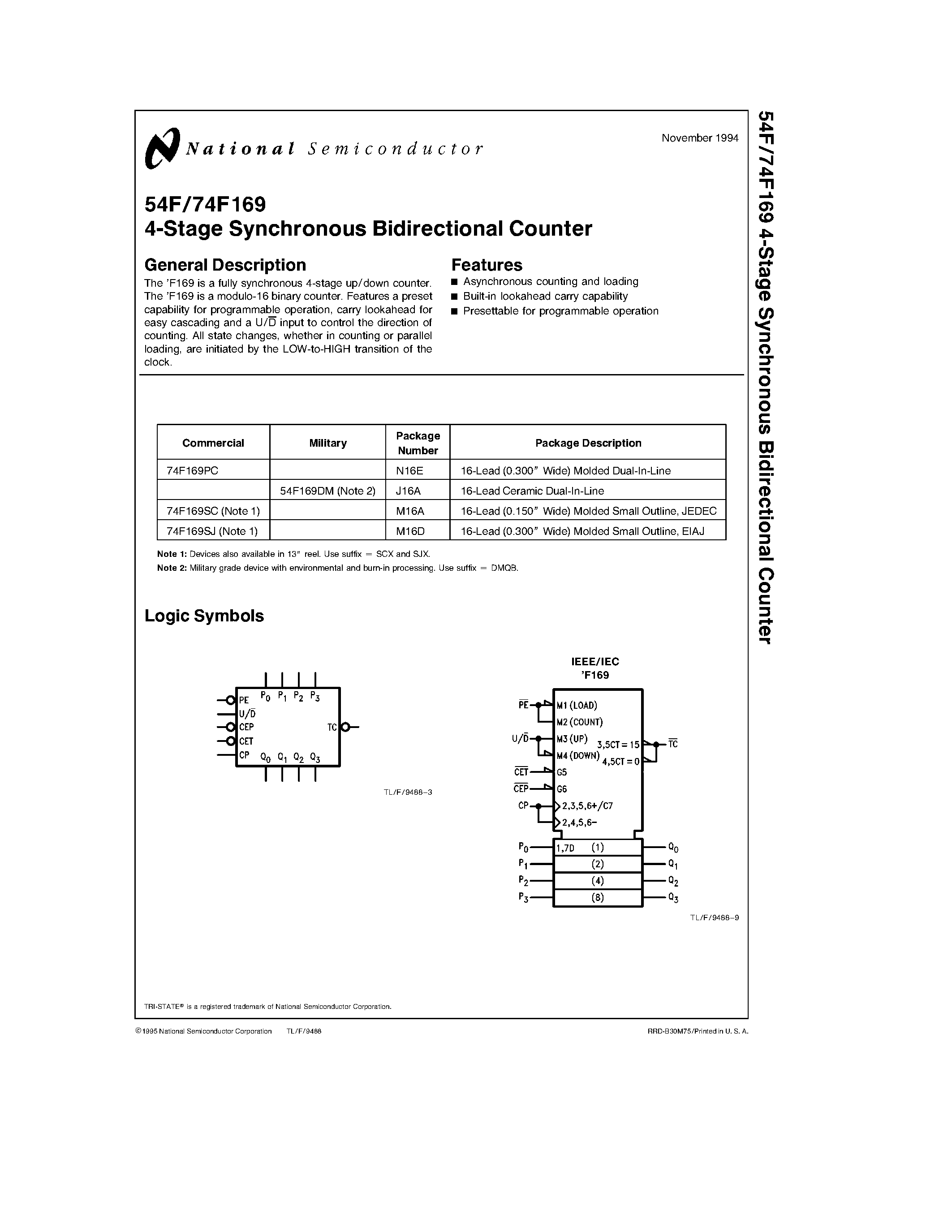 Datasheet 74F169 - 4-Stage Synchronous Bidirectional Counter page 1