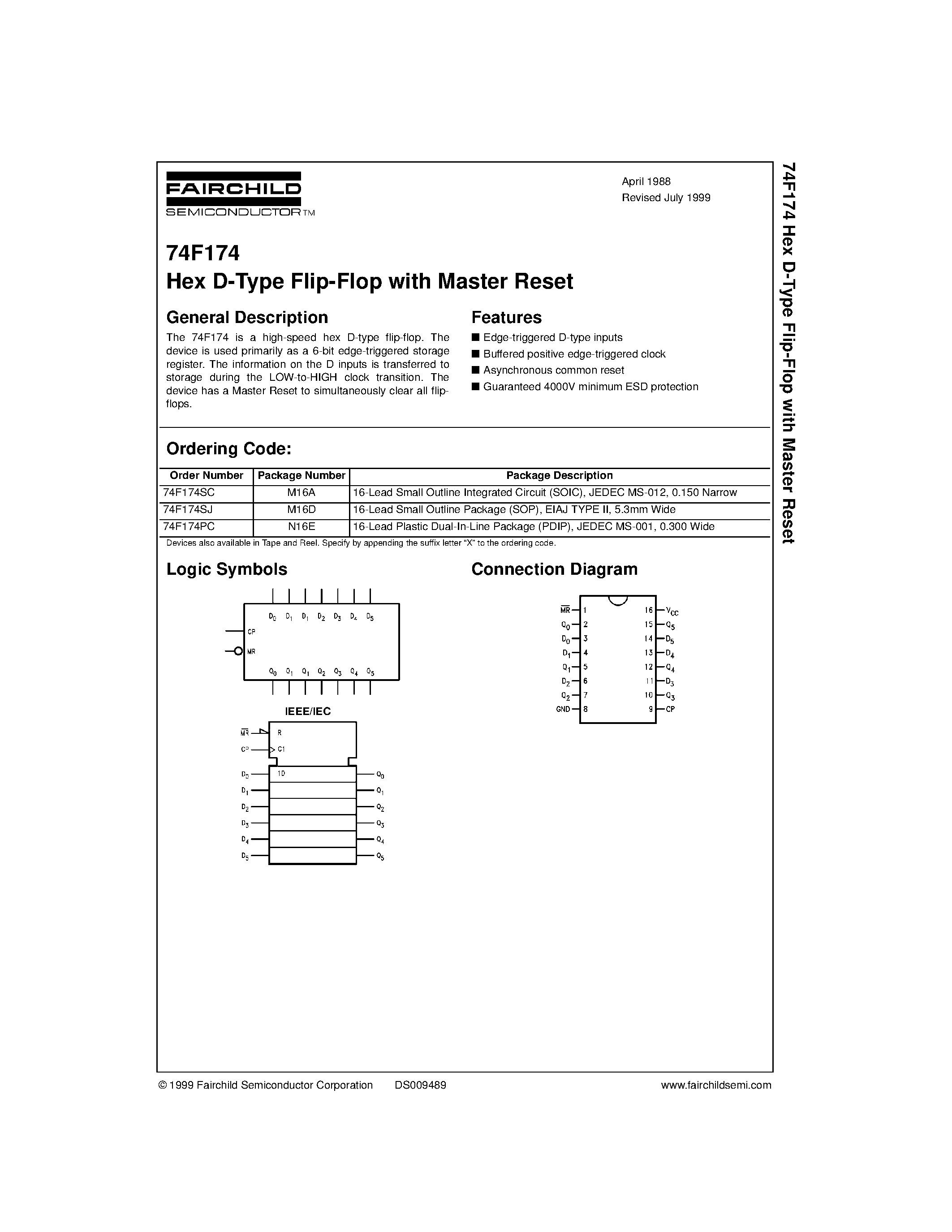 Datasheet 74F174PC - Hex D-Type Flip-Flop with Master Reset page 1