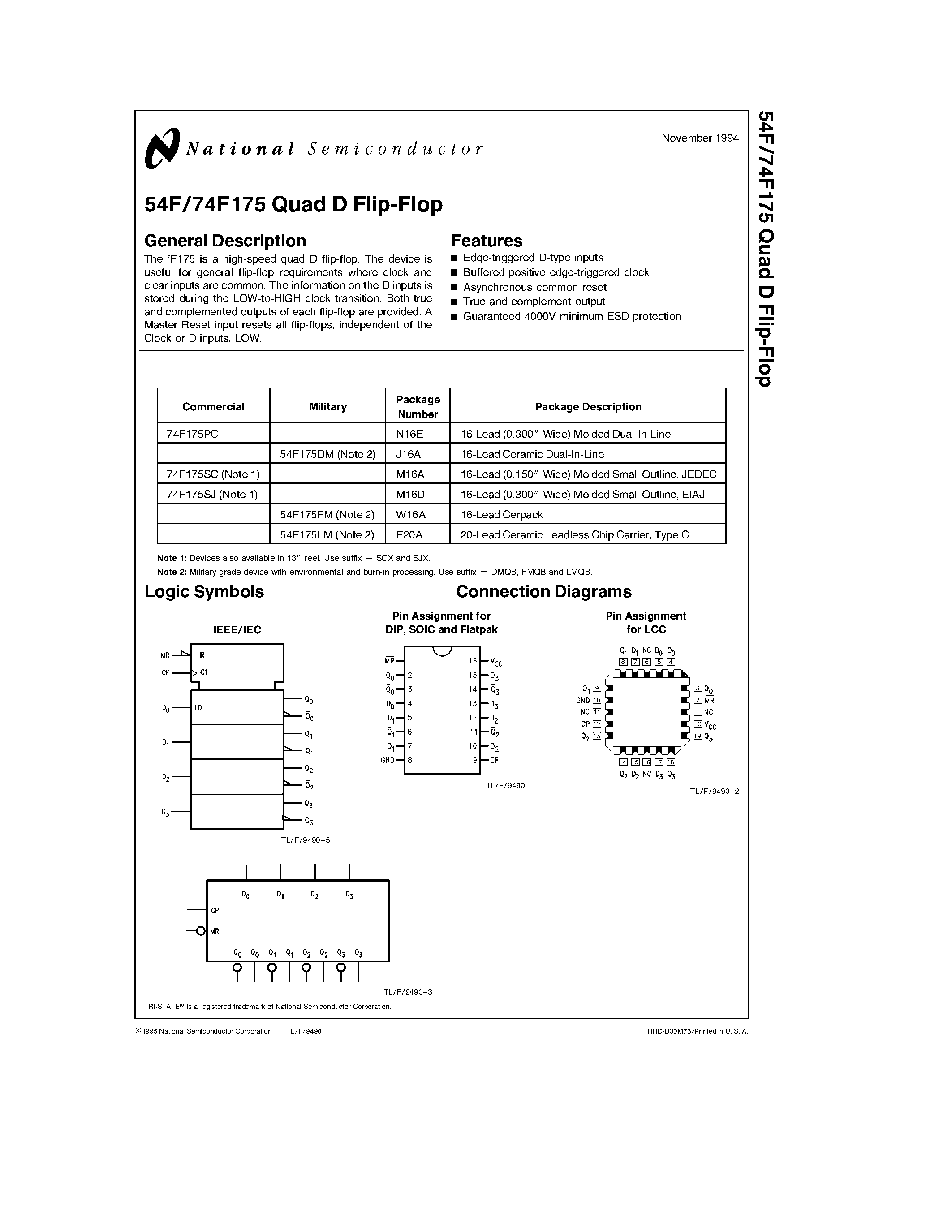 Datasheet 74F175PC - Quad D Flip-Flop page 1