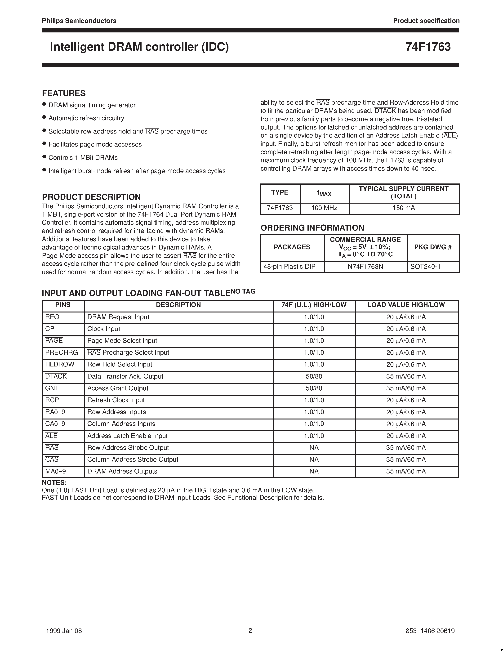 Datasheet 74F1763 - Intelligent DRAM controller IDC page 2