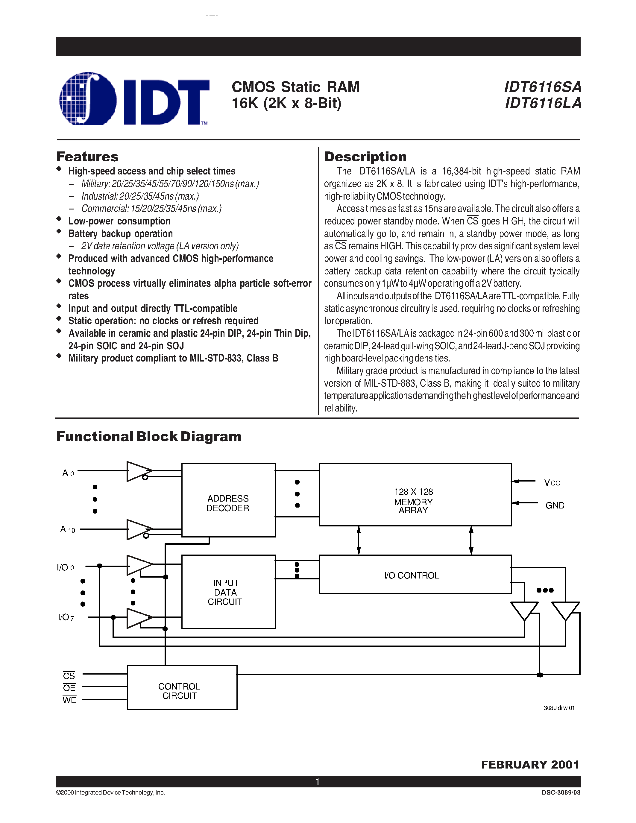 Даташит на микросхему IDT6116SA страница 1 Даташит IDT6116SA - CMOS STATIC RAM 16K (2K x 8 BIT) страница 1