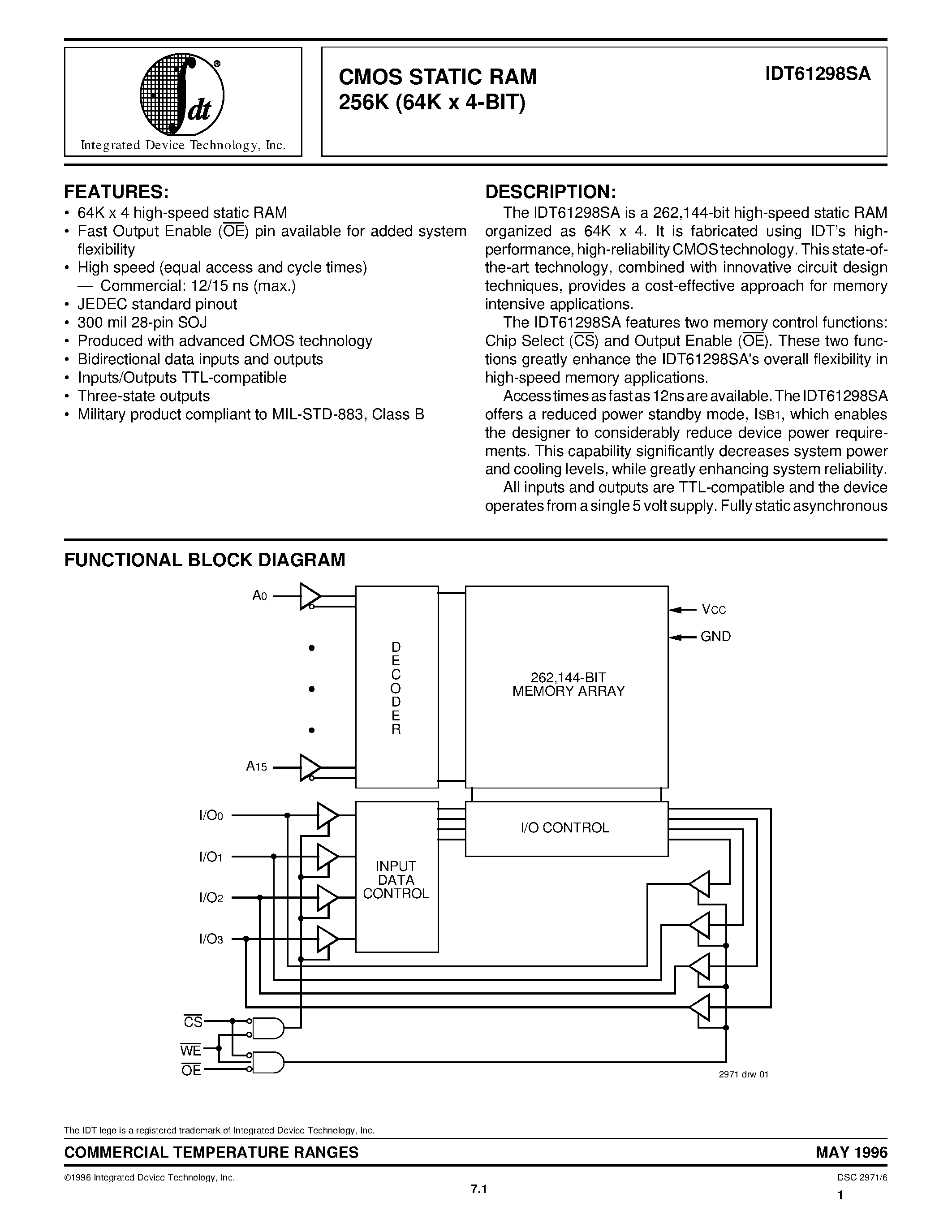 Даташит IDT61298SA - CMOS STATIC RAM 256K (64K x 4-BIT) страница 1