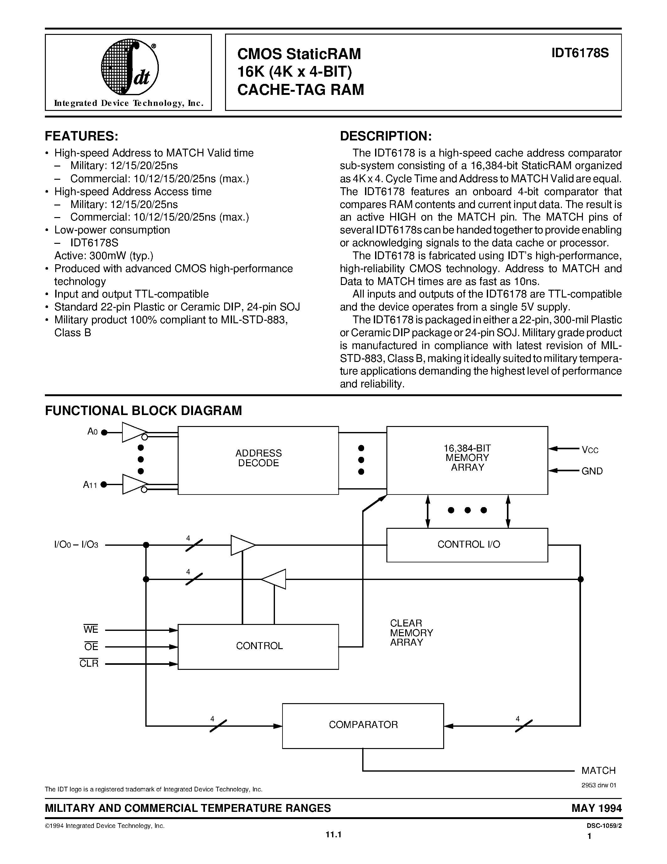 Даташит IDT6178S10PB - CMOS StaticRAM 16K (4K x 4-BIT) CACHE-TAG RAM страница 1