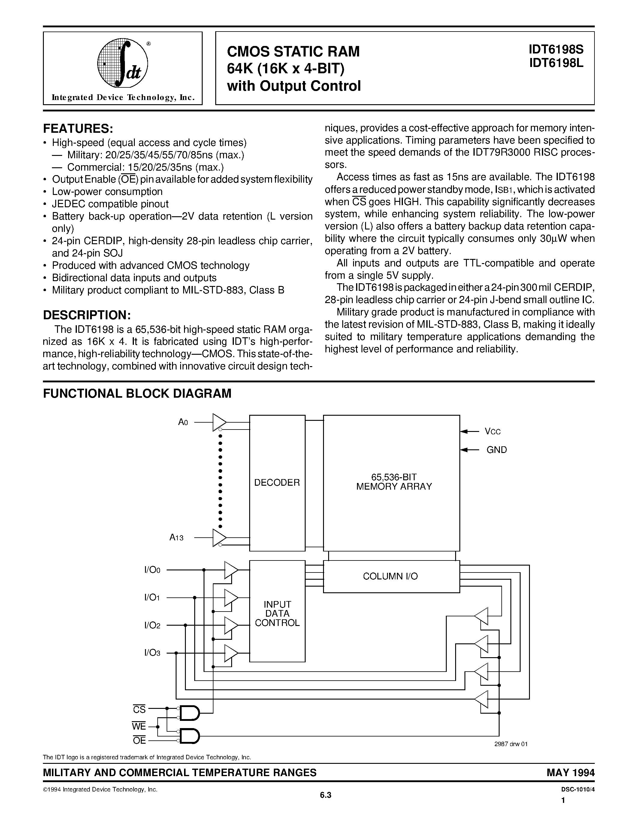 Datasheet IDT6198L25D - CMOS STATIC RAM 64K (16K x 4-BIT) with Output Control page 1