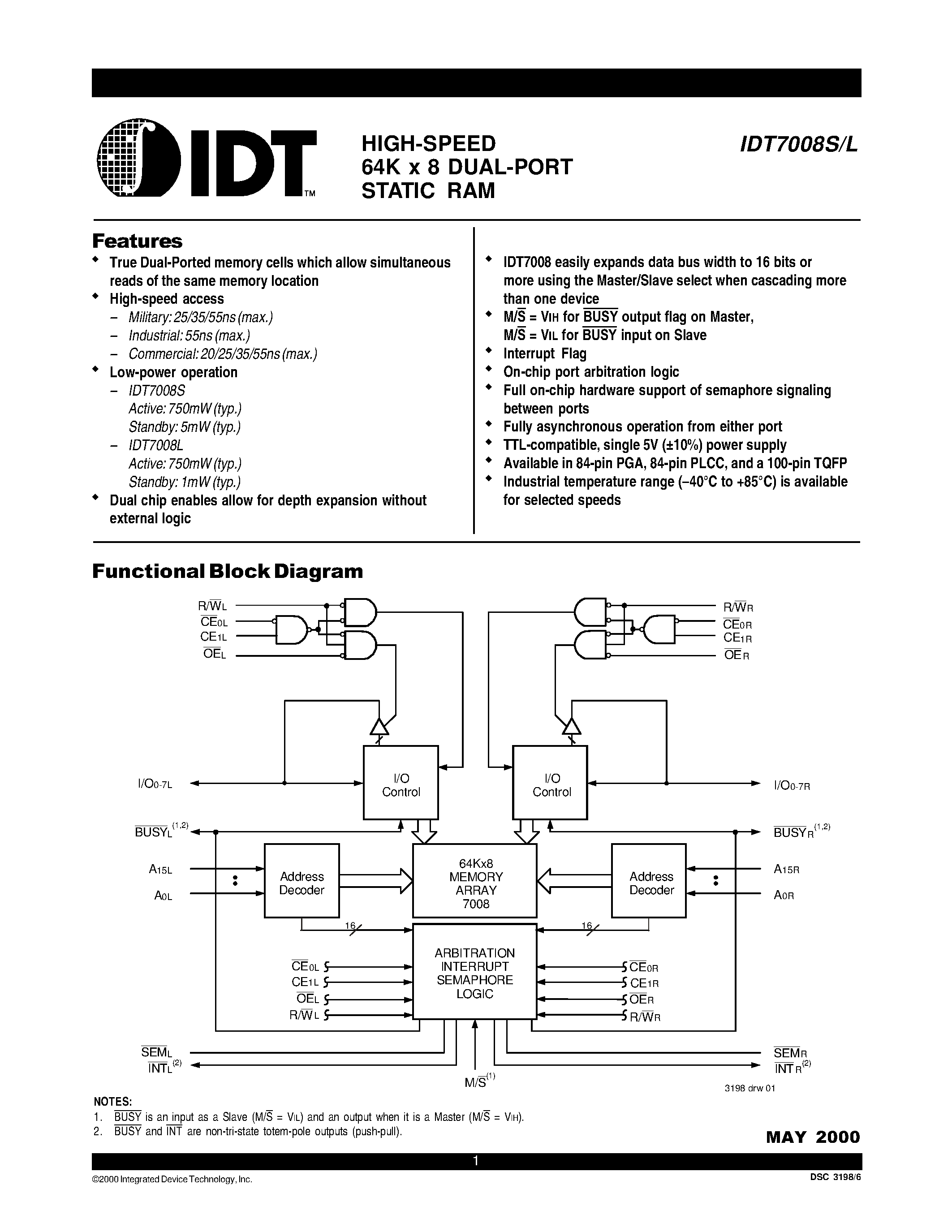 Даташит на микросхему IDT7008 страница 1 Даташит IDT7008 - HIGH-SPEED 64K x 8 DUAL-PORT STATIC RAM страница 1