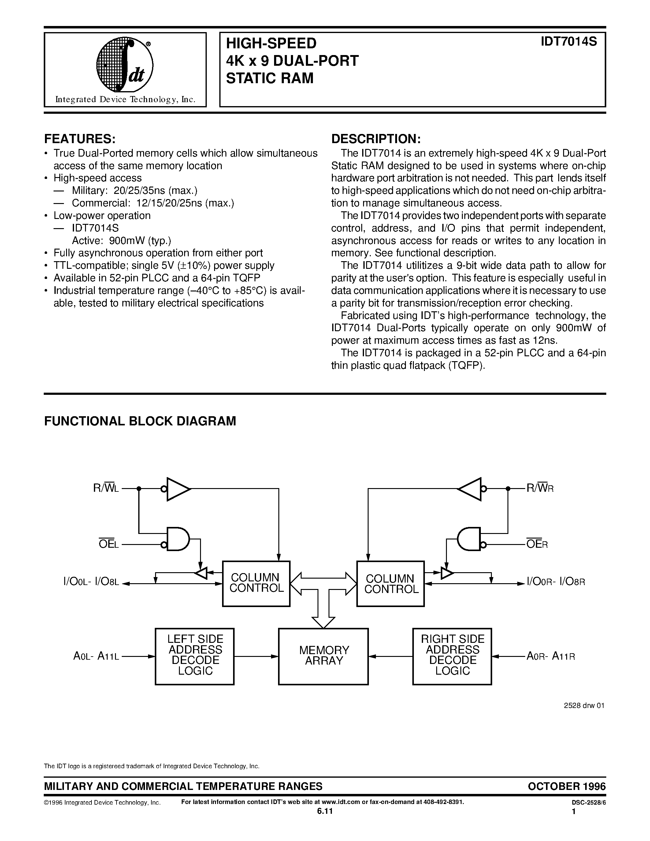 Datasheet IDT7014S35J - HIGH-SPEED 4K x 9 DUAL-PORT STATIC RAM page 1