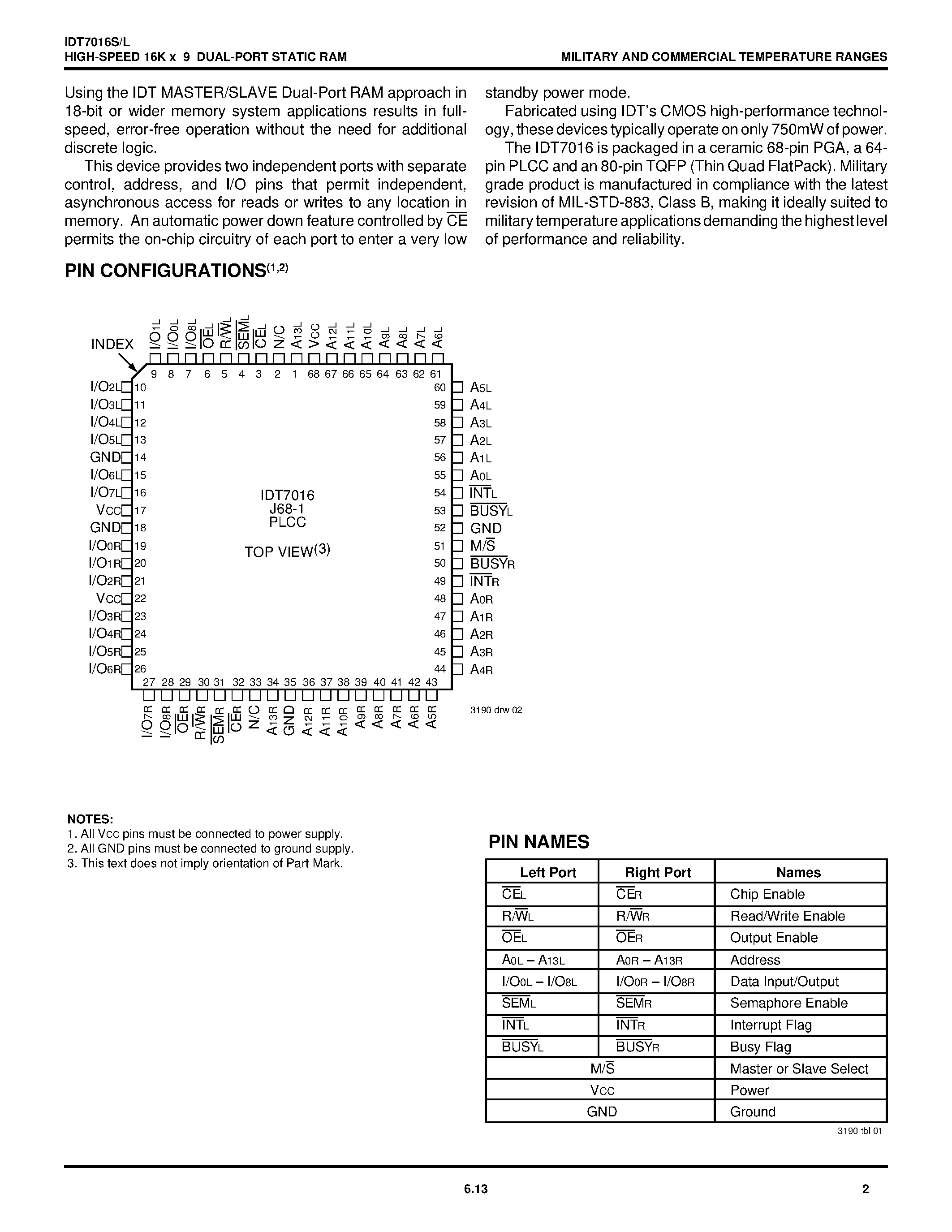 Datasheet IDT7016 - HIGH-SPEED 16K x 9 DUAL-PORT STATIC RAM page 2