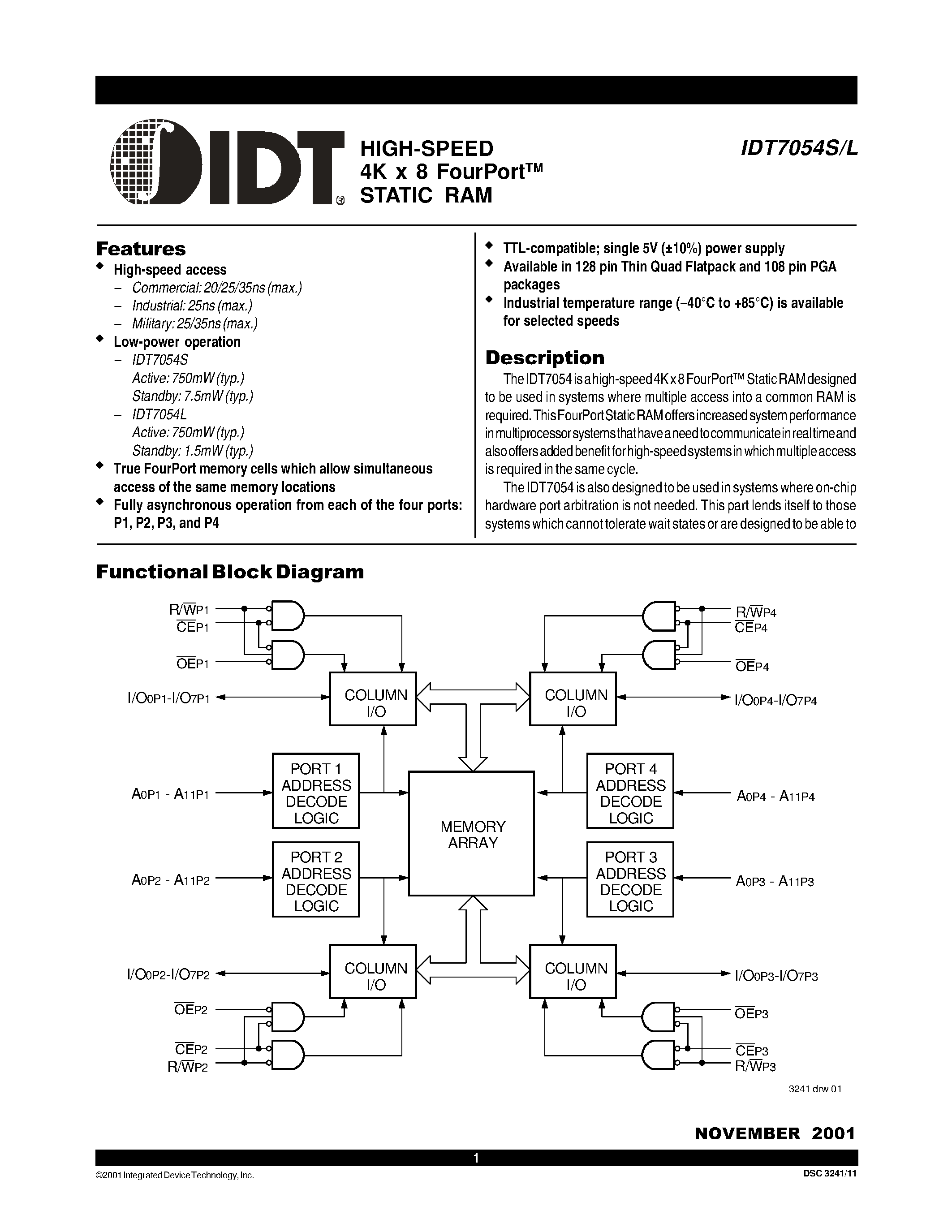 Даташит на микросхему IDT7054 страница 1 Даташит IDT7054 - HIGH-SPEED 4K x 8 FourPort STATIC RAM страница 1