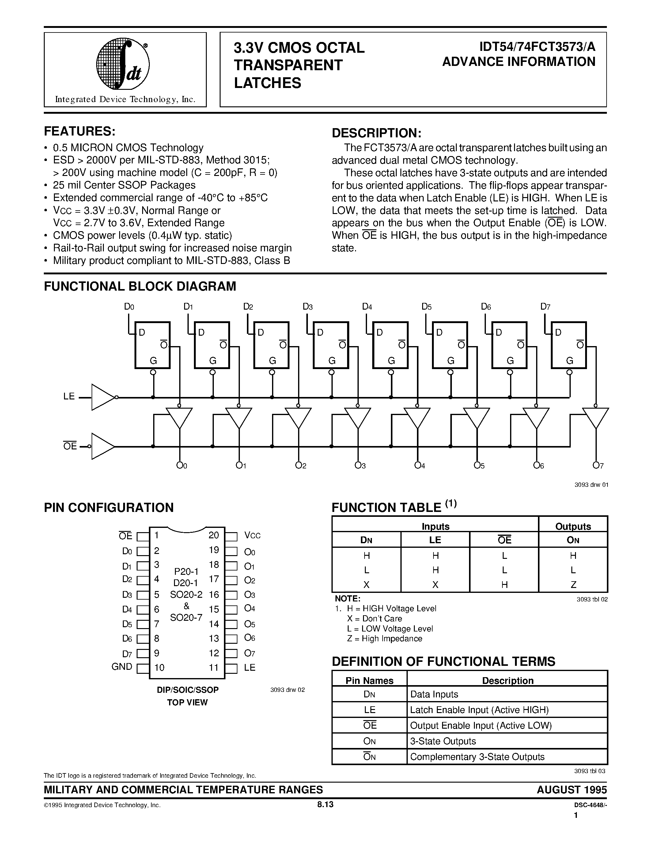Datasheet IDT54FCT3573P page 1 Datasheet IDT54FCT3573P - 3.3V CMOS OCTAL TRANSPARENT LATCHES page 1