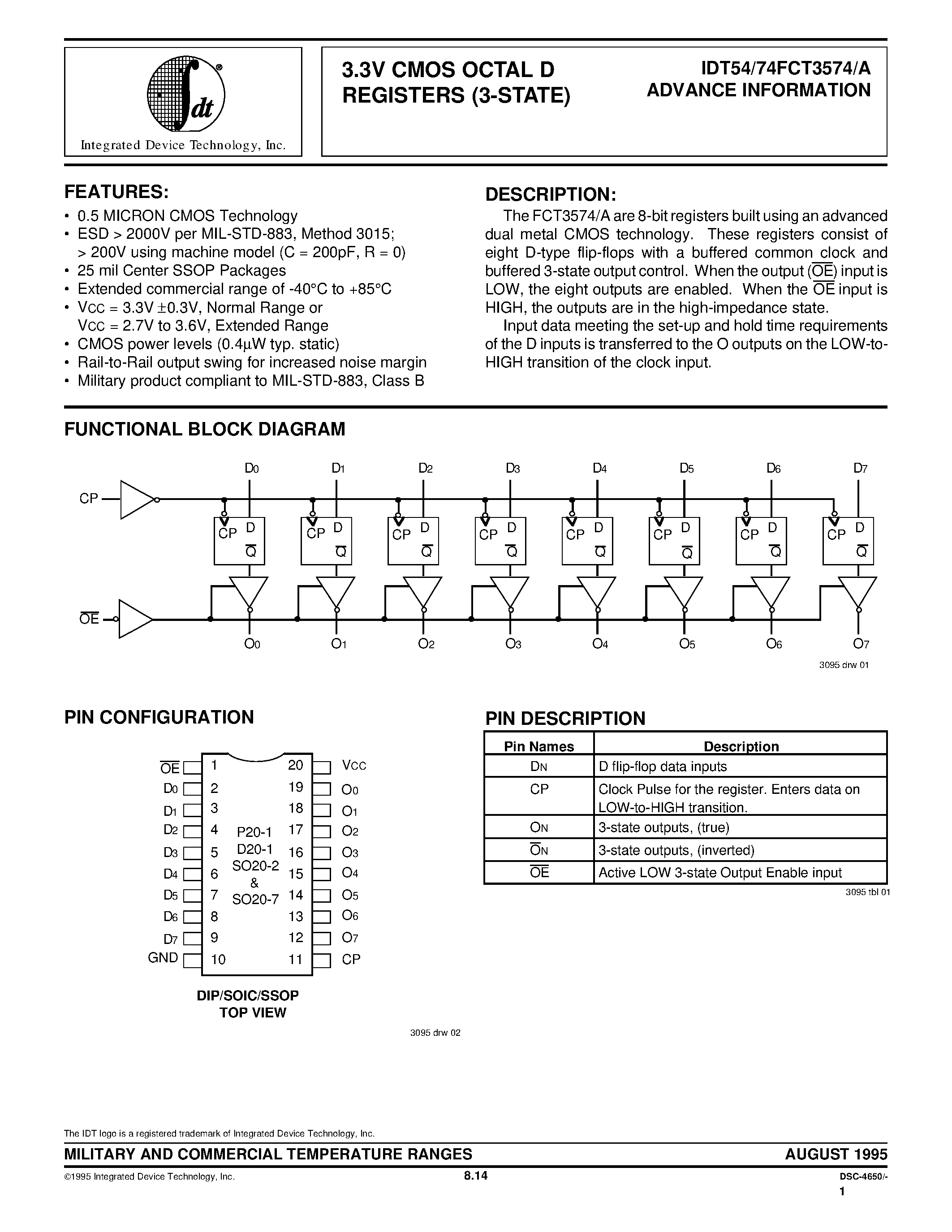 Datasheet IDT54FCT3574ASOB page 1 Datasheet IDT54FCT3574ASOB - 3.3V CMOS OCTAL D REGISTERS (3-STATE) page 1