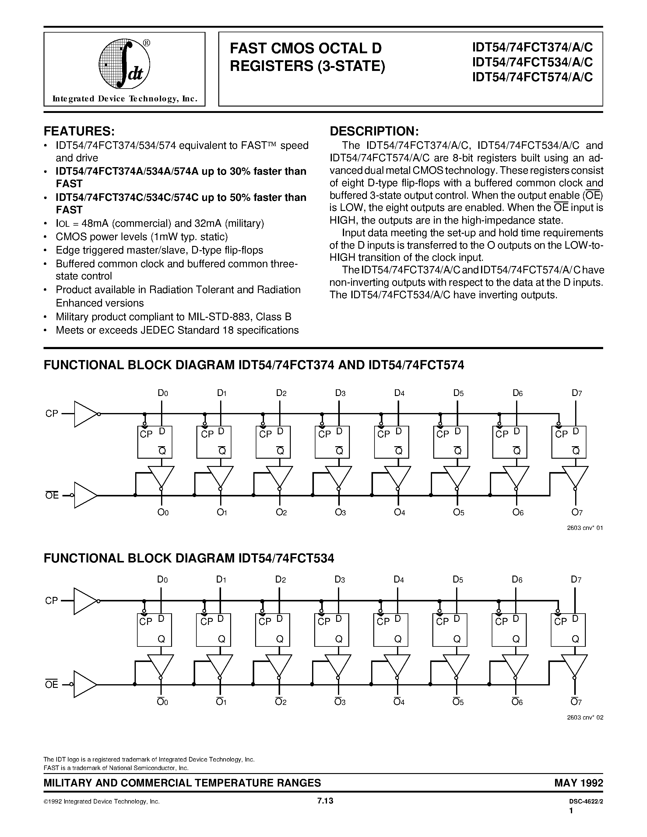 Datasheet IDT54FCT374E - FAST CMOS OCTAL D REGISTERS (3-STATE) page 1