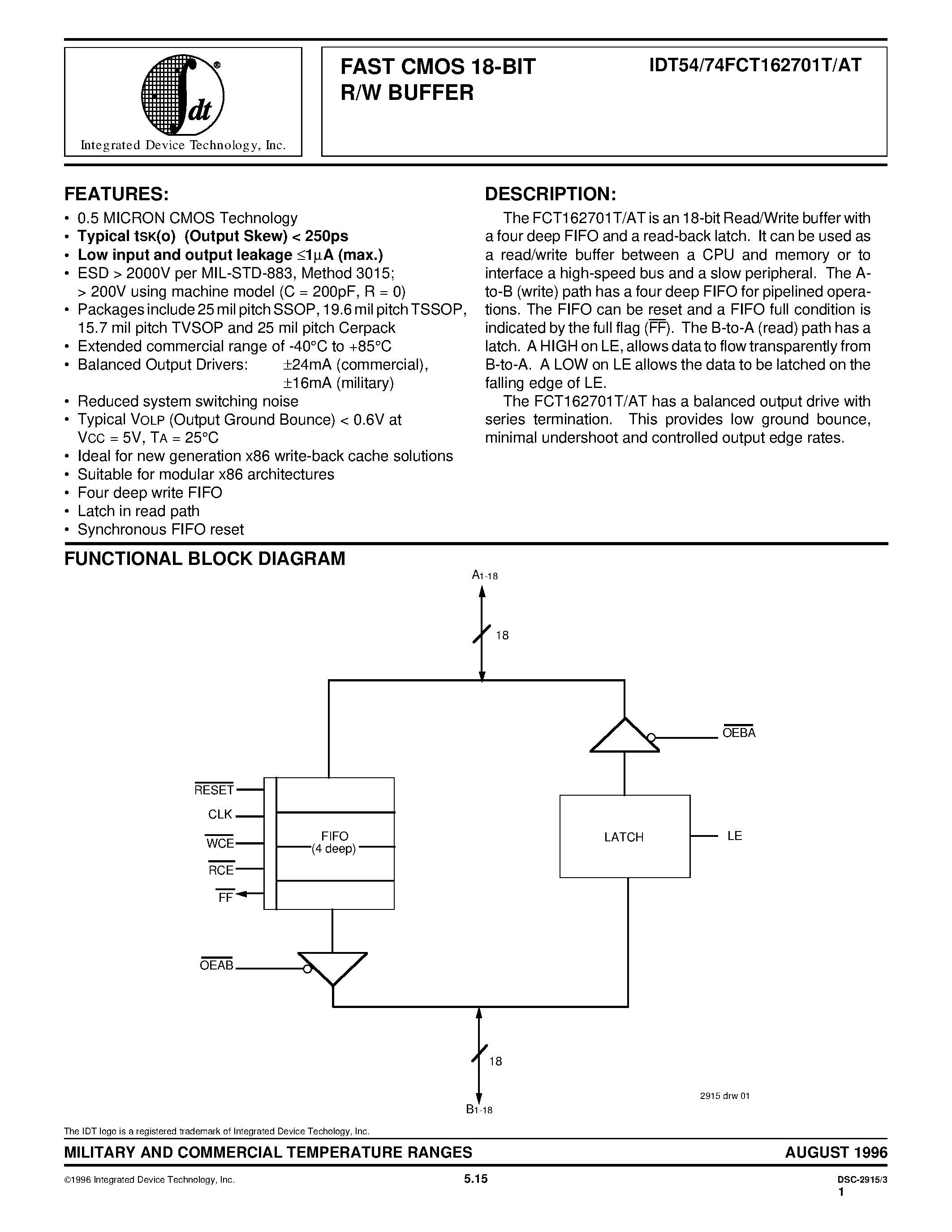 Даташит на микросхему IDT54FCT16270ATPF страница 1 Даташит IDT54FCT16270ATPF - FAST CMOS 18-BIT R/W BUFFER страница 1