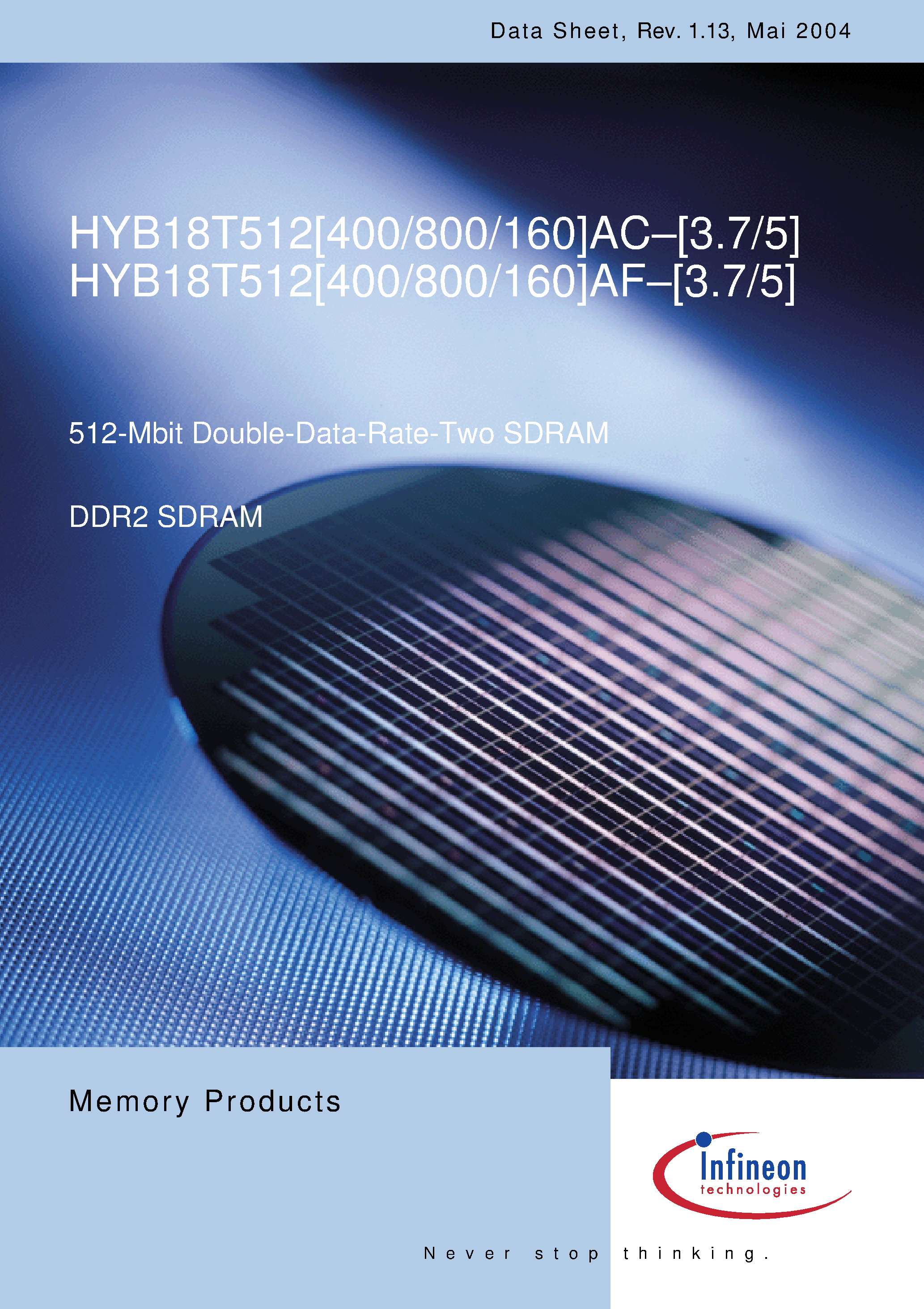 Datasheet HYB18T512400AF-5 - 512-Mbit Double-Data-Rate-Two SDRAM page 1