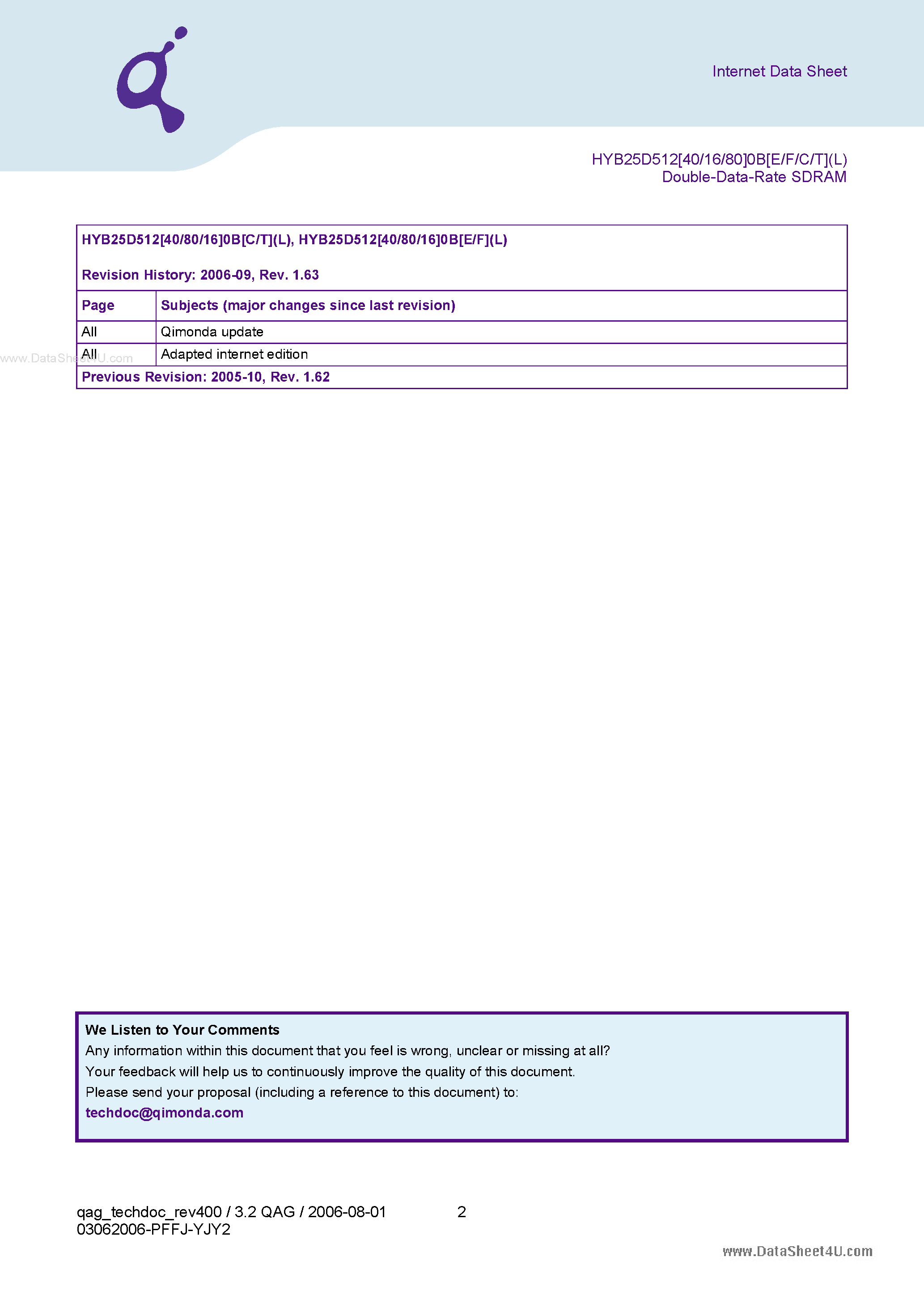 Datasheet HYB25D512400BF-6 - 512Mbit Double Data Rate SDRAM page 2