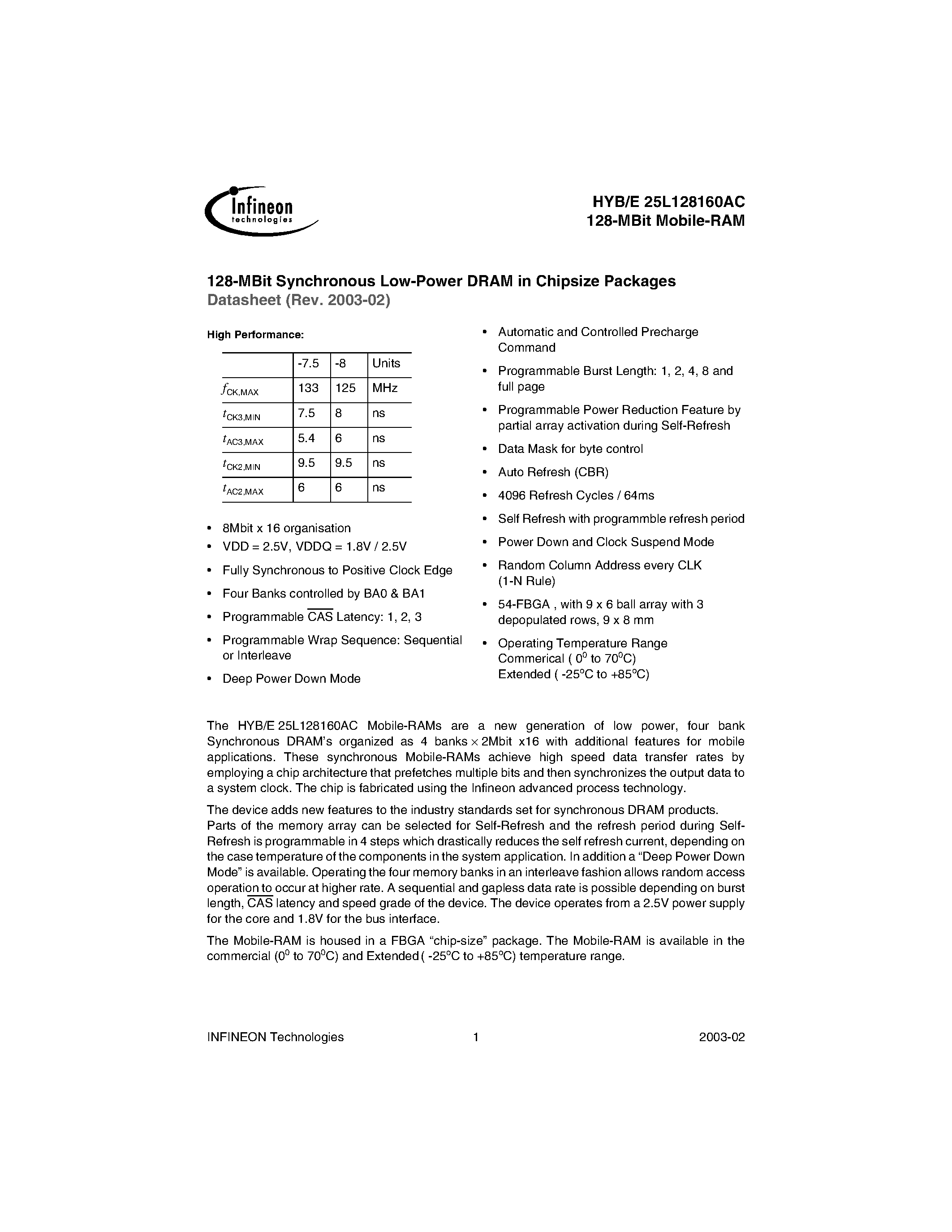 Datasheet HYB25L128160AC-8 - 128-MBIT SYNCHRONOUS LOW-POWER DRAM IN CHIPSIZE PACKAGES page 1