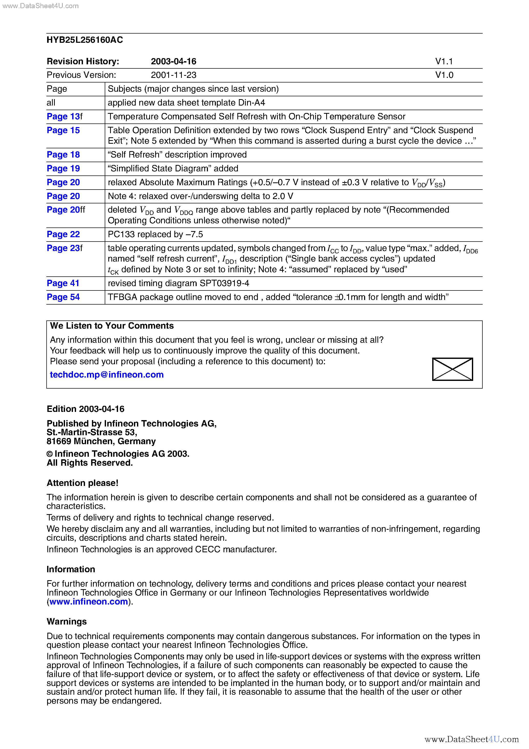 Datasheet HYB25L256160AC-8 - 256-Mbit Mobile-RAM page 2
