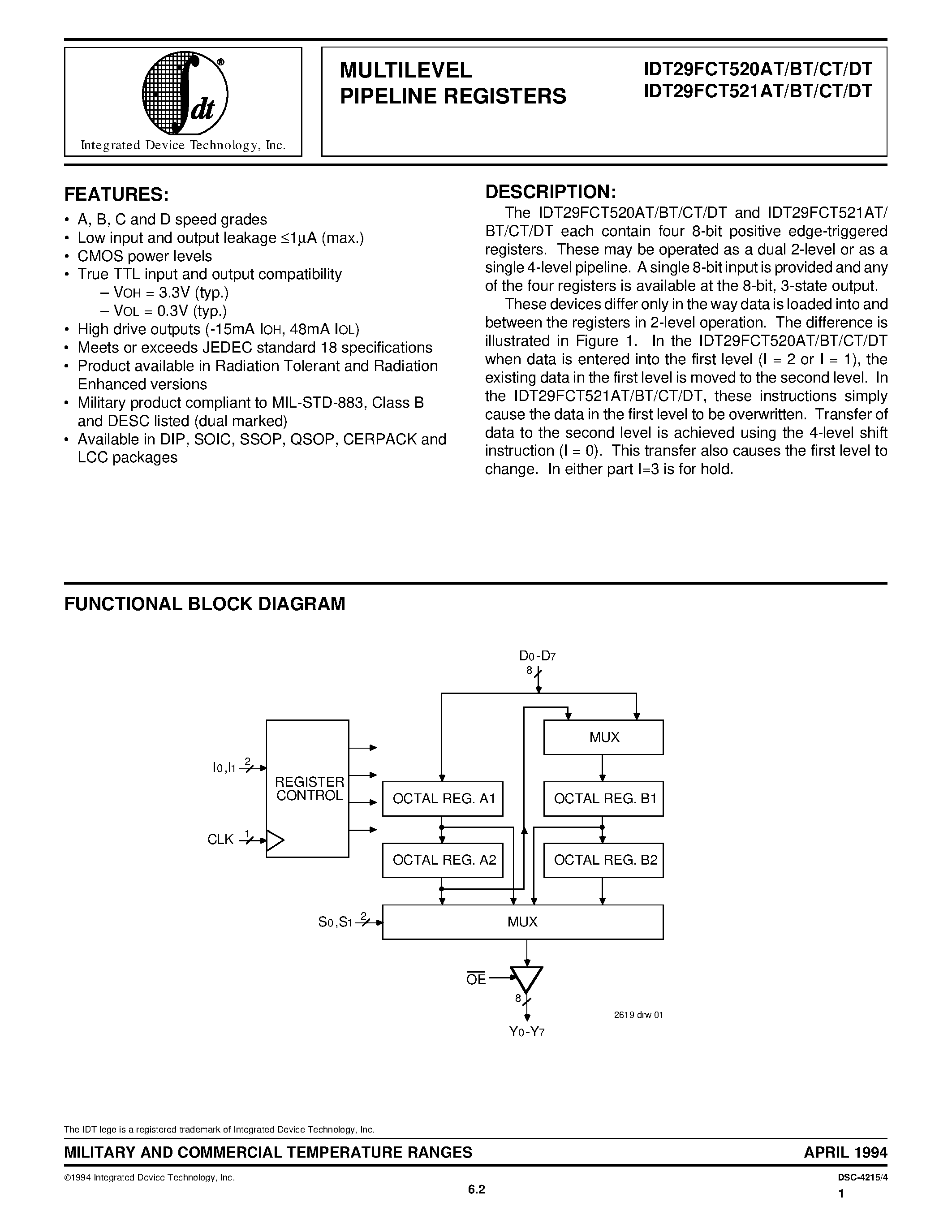 Datasheet 7429FCT520DTP page 1 Datasheet 7429FCT520DTP - MULTILEVEL PIPELINE REGISTERS page 1