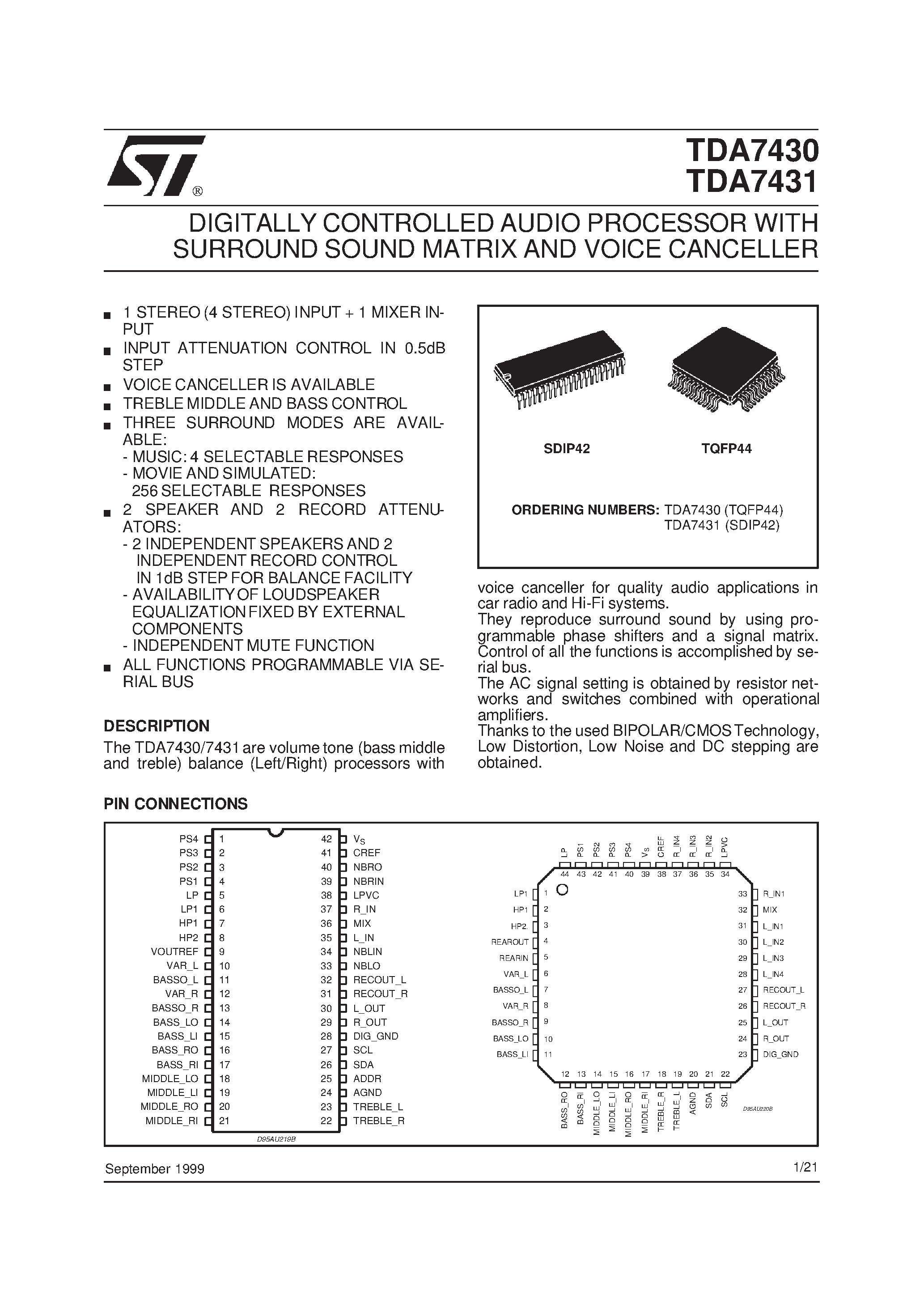 Datasheet 7430 - DIGITALLY CONTROLLED AUDIO PROCESSOR WITH SURROUND SOUND MATRIX AND VOICE CANCELLER page 1