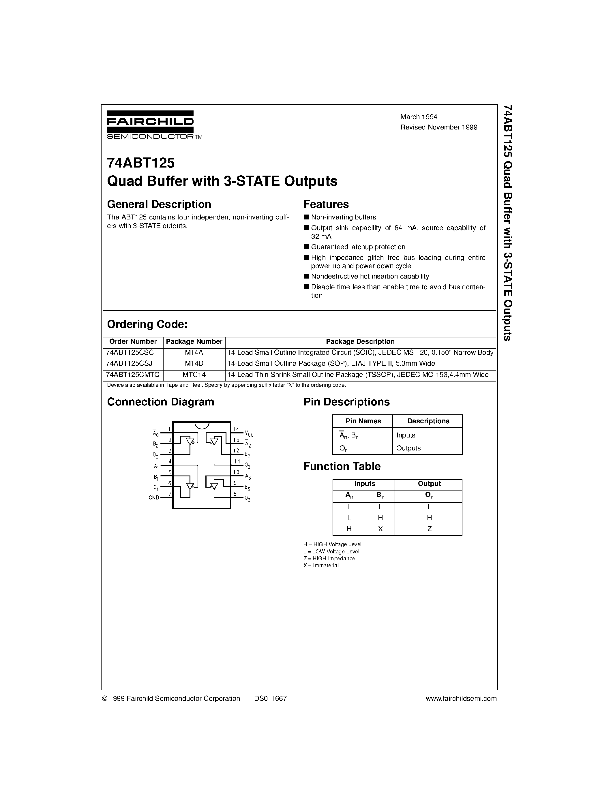 Datasheet 74ABT125CMTC - Quad Buffer with 3-STATE Outputs page 1