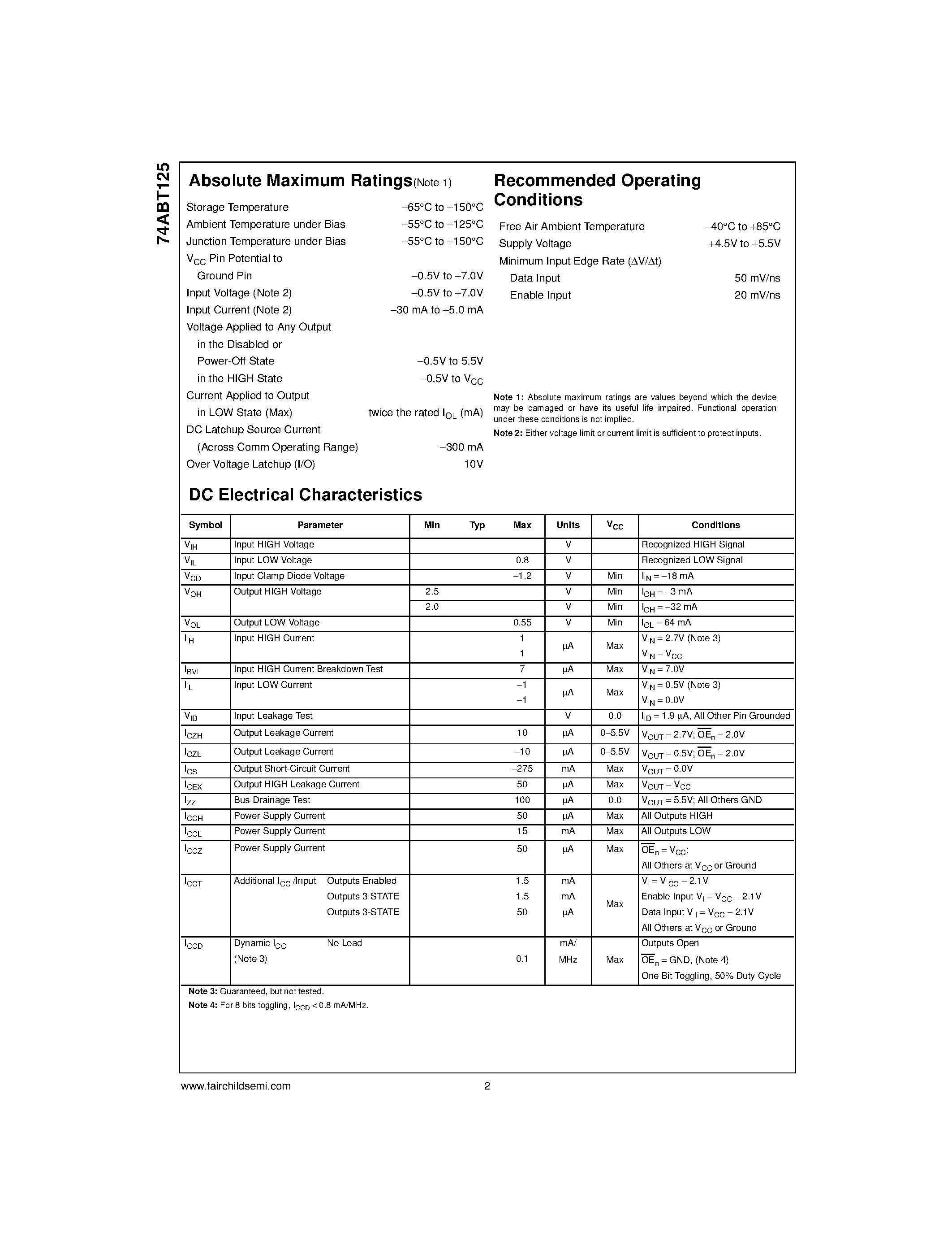 Datasheet 74ABT125CMTC - Quad Buffer with 3-STATE Outputs page 2