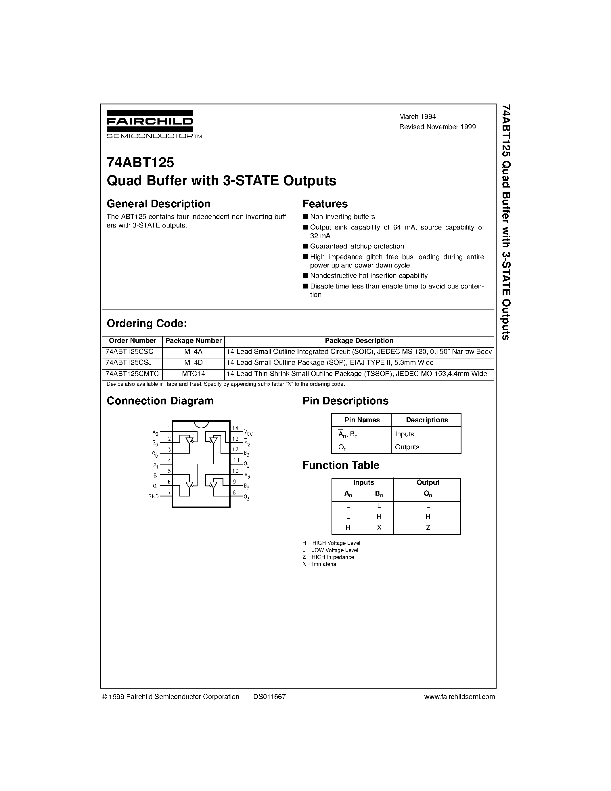 Даташит 74ABT125CSC - Quad Buffer with 3-STATE Outputs страница 1