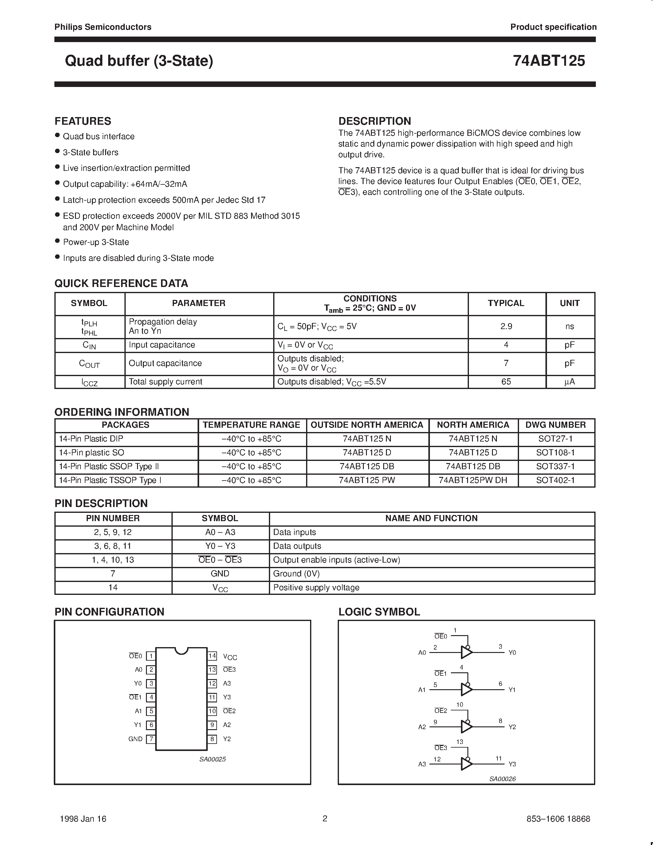 Datasheet 74ABT125D - Quad buffer 3-State page 2