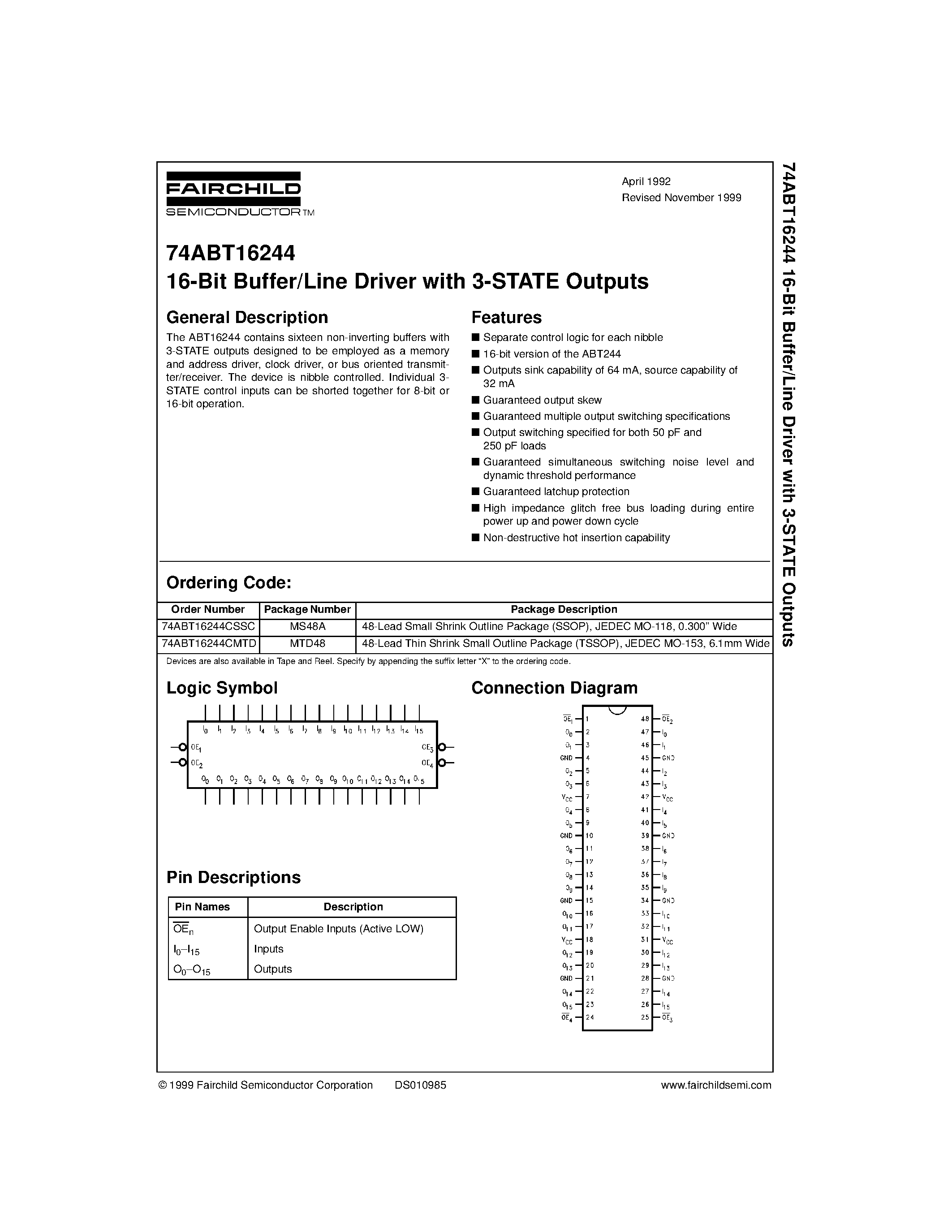 Даташит 74ABT16244CSSC - 16-Bit Buffer/Line Driver with 3-STATE Outputs страница 1