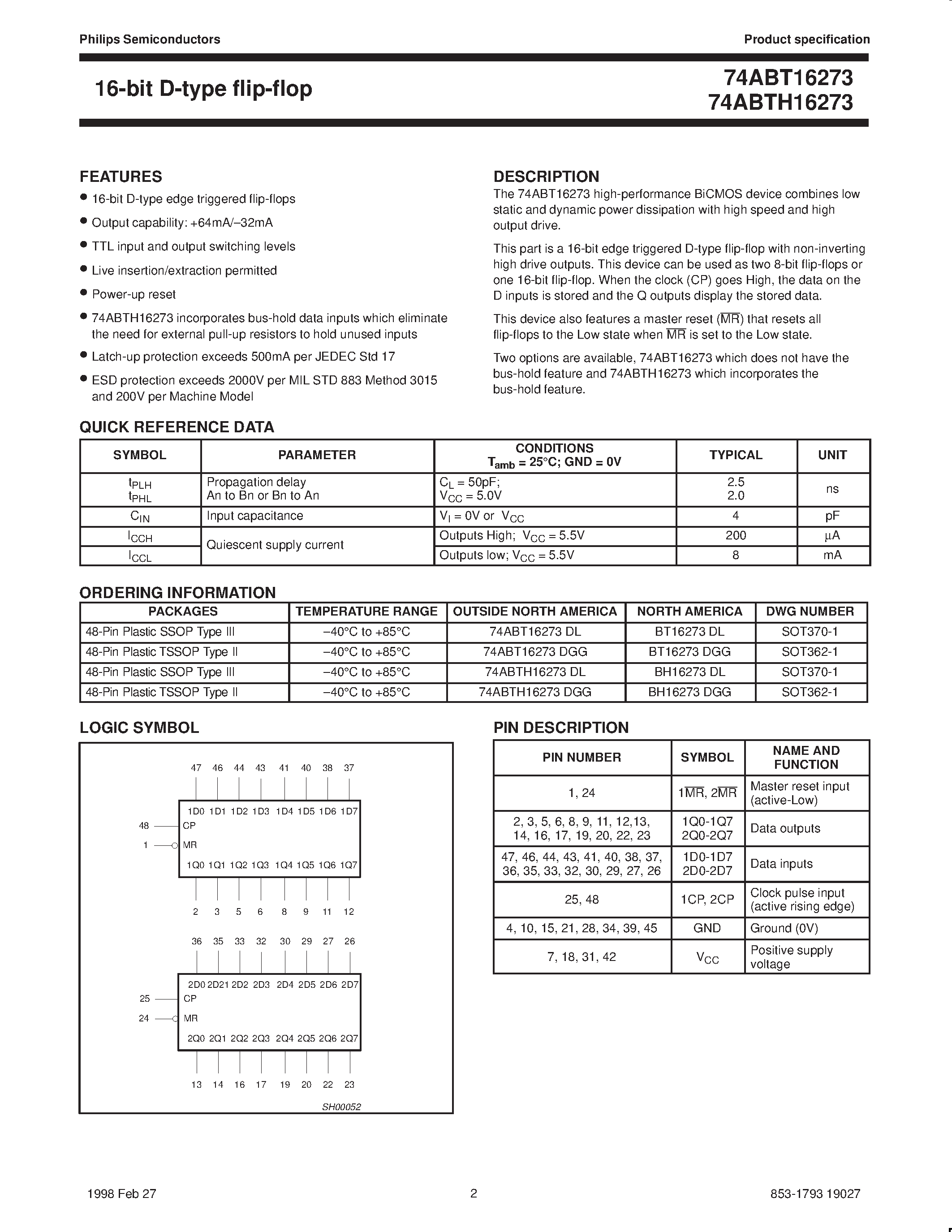Datasheet 74ABT16273 - 16-bit D-type flip-flop page 2