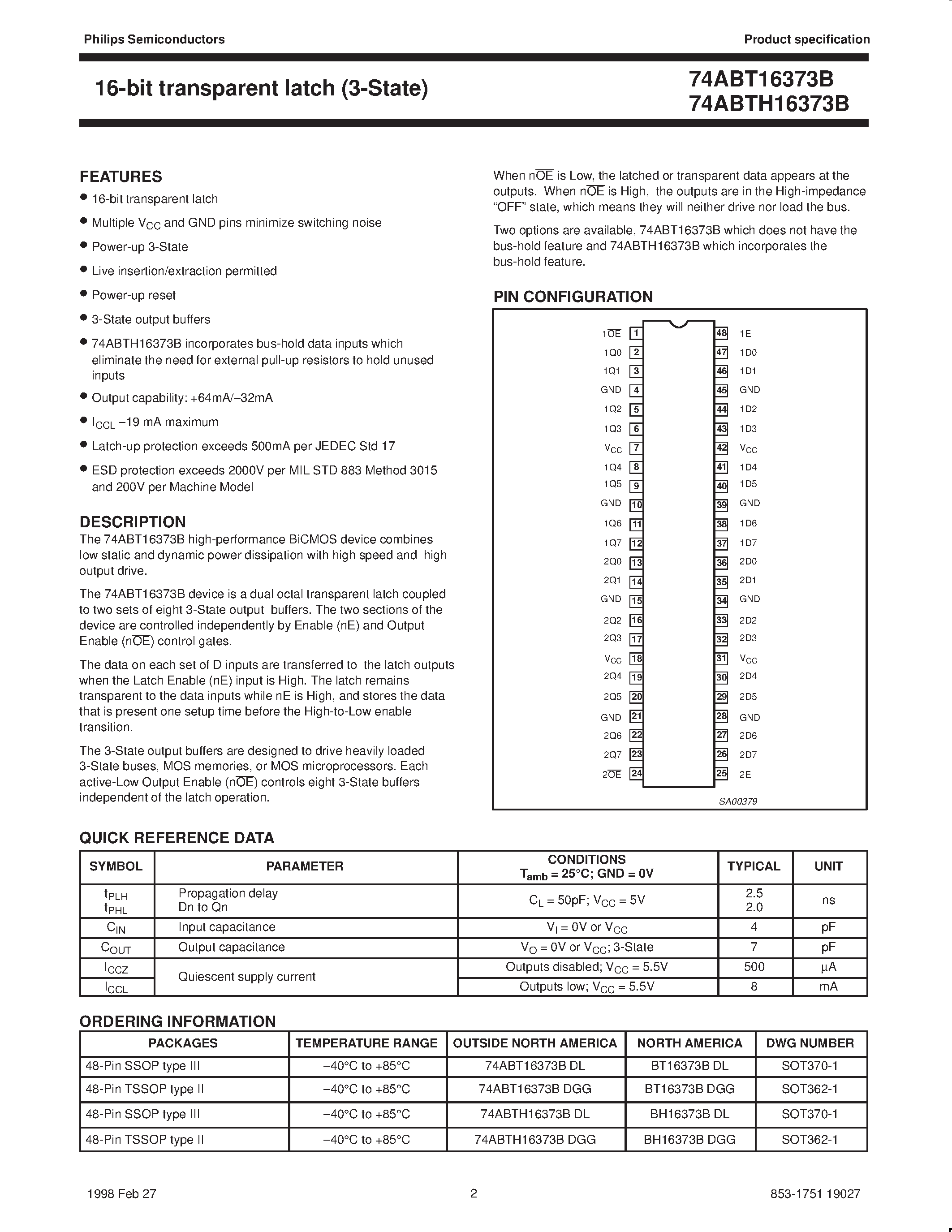Datasheet 74ABT16373BDGG - 16-bit transparent latch 3-State page 2