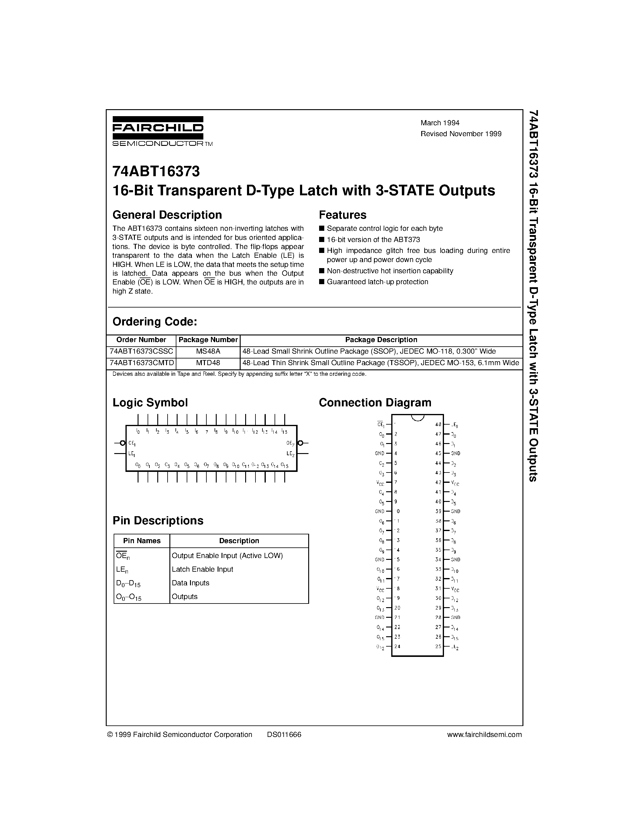 Datasheet 74ABT16373CMTD - 16-Bit Transparent D-Type Latch with 3-STATE Outputs page 1
