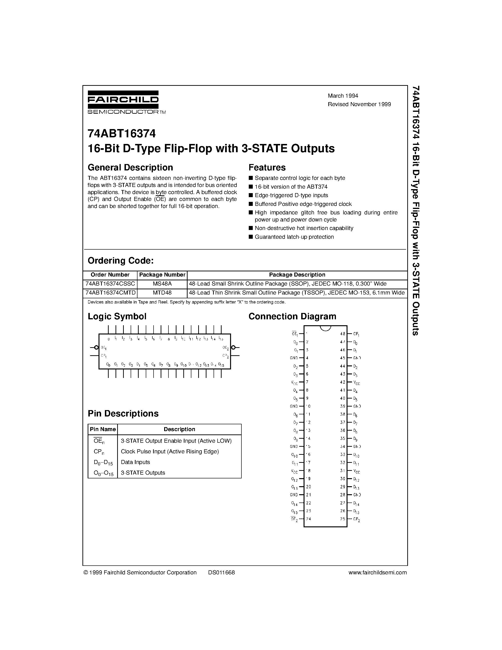 Datasheet 74ABT16374 page 1 Datasheet 74ABT16374 - 16-Bit D-Type Flip-Flop with 3-STATE Outputs page 1