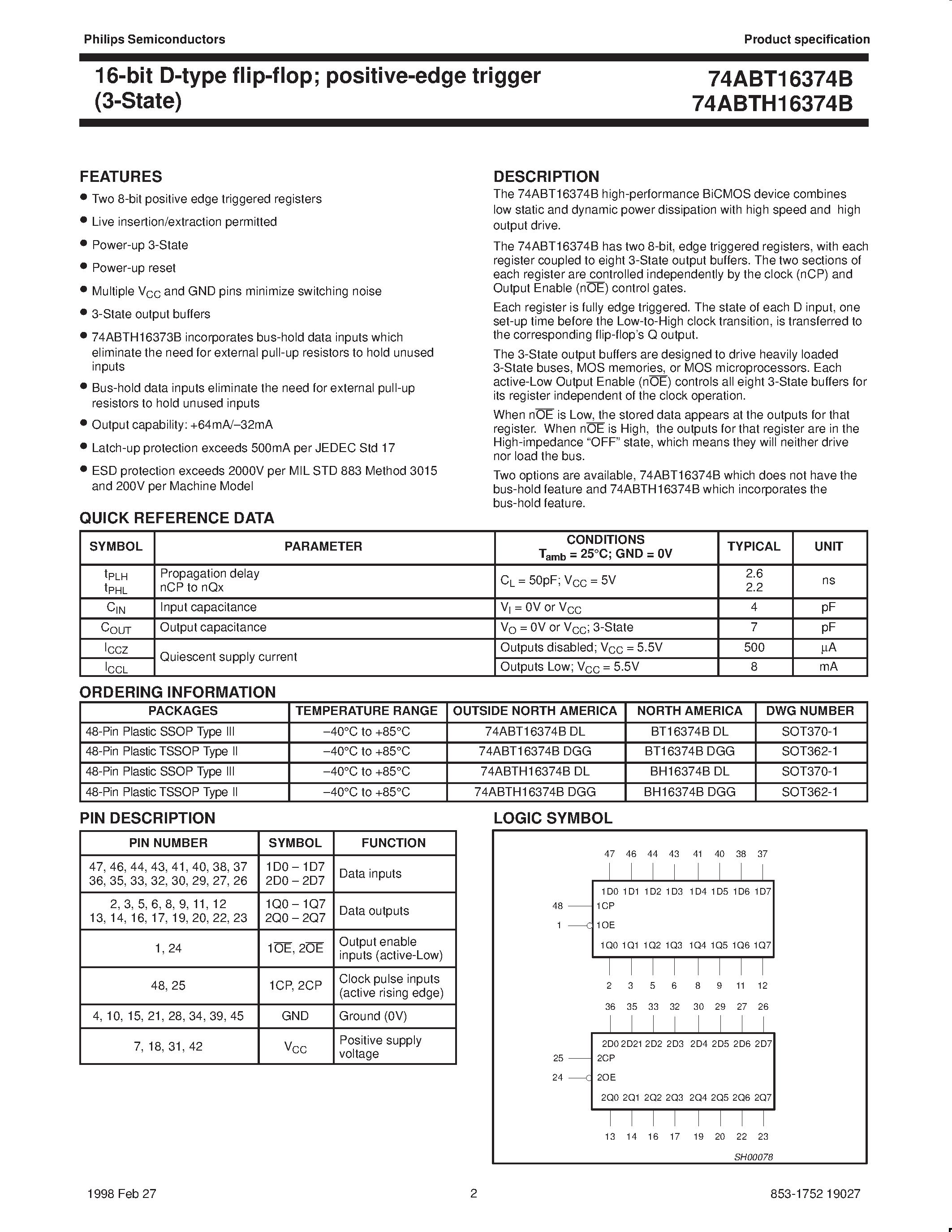 Datasheet 74ABT16374BDL - 16-bit D-type flip-flop; positive-edge trigger 3-State page 2