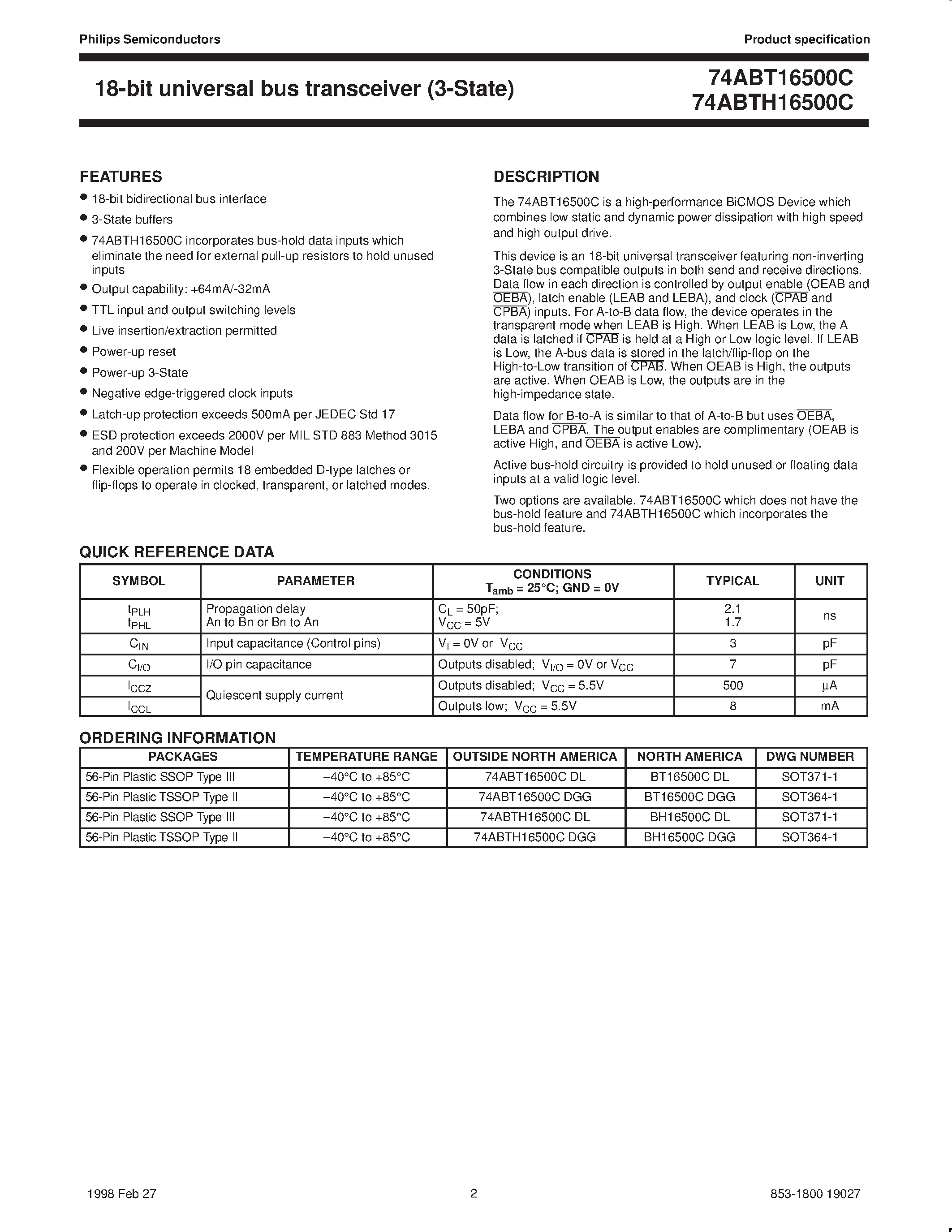 Datasheet 74ABT16500CDL - 18-bit universal bus transceiver 3-State page 2
